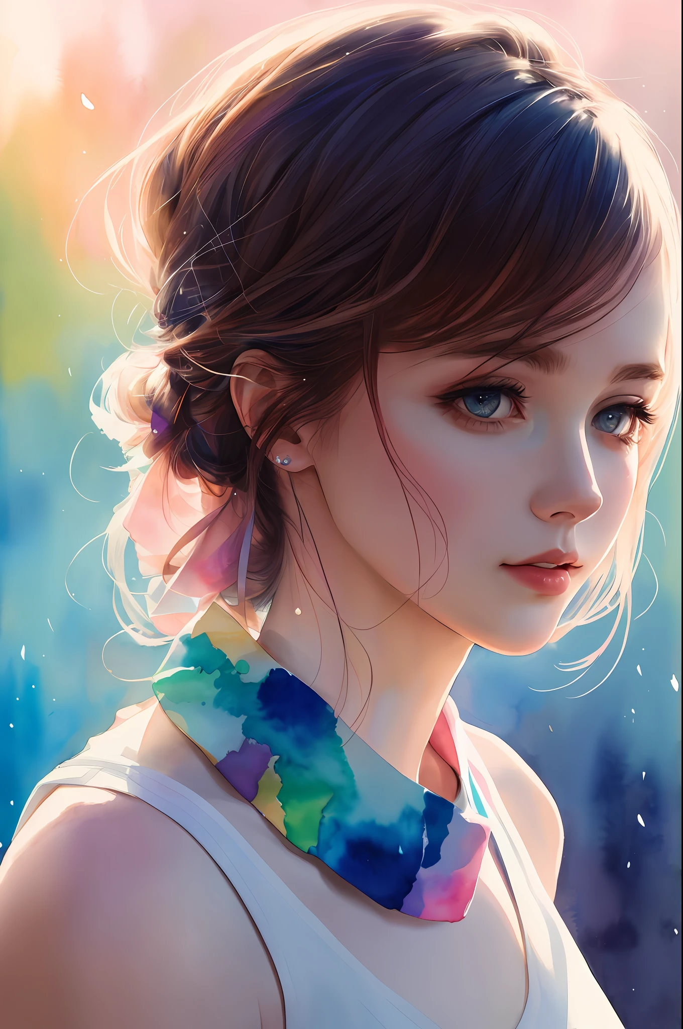 (8k, best quality, masterpiece:1.2),(best quality:1.0), (ultra highres:1.0), watercolor, a beautiful woman, shoulder, hair ribbons, by agnes cecile, half body portrait, extremely luminous bright design, pastel colors, (ink:1.3), autumn lights,