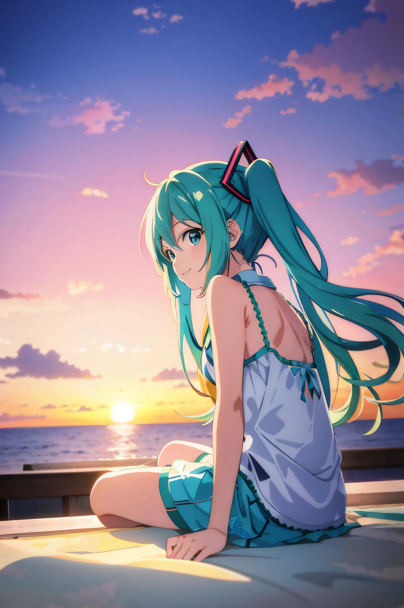 Anime girl sitting on the ground watching the sunset while watching the sunset. Smiling,Anime, Anime Style 4K, 4K Anime Wallpapers, Anime Wallpapers 4K, Anime Wallpapers 4K, Portrait of Hatsune Miku, Ultra HD Anime Wallpapers, Anime!4K, Anime!4K, Hatsune Miku Portrait, Miku