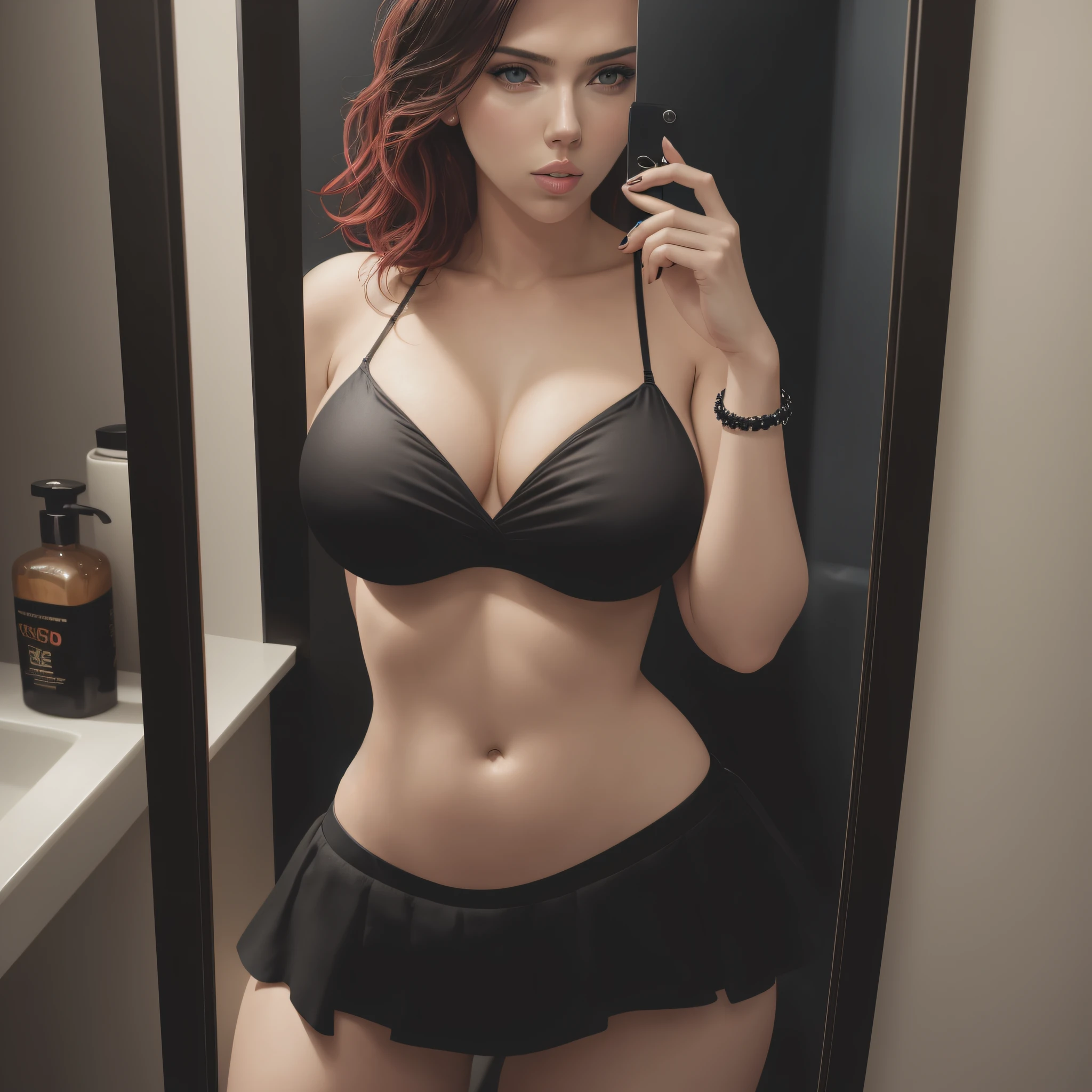 real photo of scarlett johansson wearing black bikini only with huge exposing breasts and a black mini skirt with sexy thighs, posing seductively in front of bathroom mirror, hd,pov, 8k --auto --s2