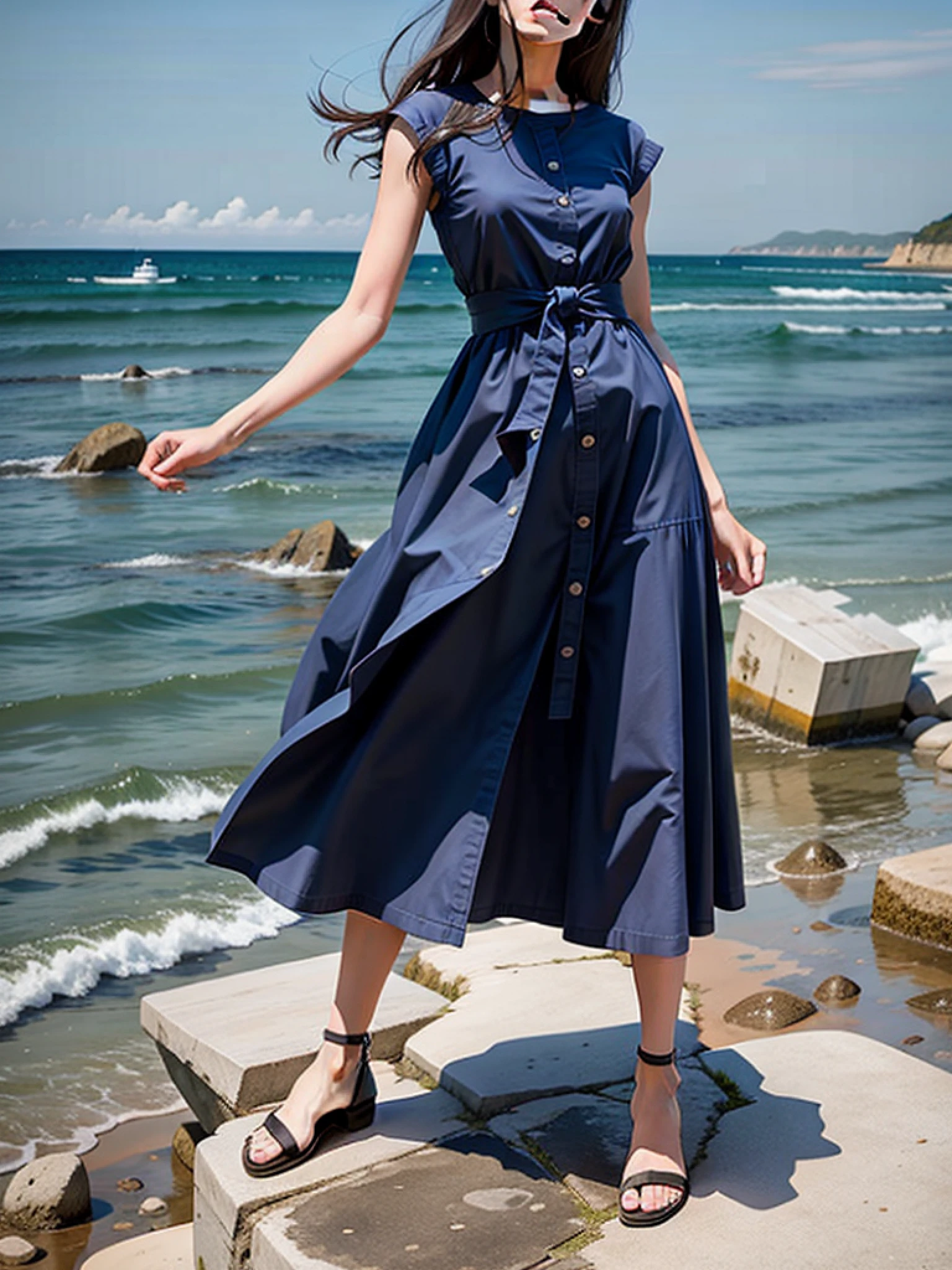Standing on a stone with the sea behind it