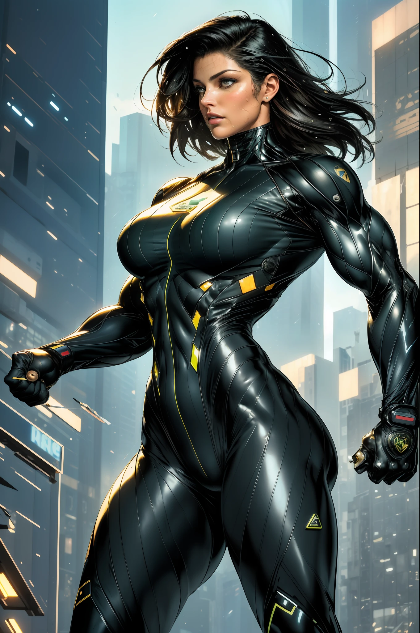 (Masterpiece, Top Quality), gina carano as a police super heroine,{{Depth of field}}, Hyper detail, 1woman, Single, Full Body, (Intricate Details, Makeup), (Delicate and beautiful delicate face, delicate and beautiful delicate eyes, face with perfect proportions), High-detail toned skin, delicate toned skin, Best proportions Four fingers and one thumb, strong and realistic green eyes, realistic black hair, lips, makeup, natural skin texture, police superhero futuristic jumpsuit costume, open neckline on the chest, military boots, (public clothing:1.3), guns, slightly sunburned, mature, sexy, elastic muscles, fierce, (muscles:1.3), ((strong and healthy body)), ((((((more) muscles))), wet body, wet hair, long legs, curves, thick thighs, wide buttocks, thin legs, (big breasts: 1.2), thin waist, soft waist, (delicate toned skin), (glossy skin), (beautiful and sexy woman), (swollen lips: 0.9), (eyelashes: 1.2), very delicate muscles definition, action fight posture, A dystopian ghetto controlled by local gangs armed with hacked police weapons such as LED panel lights, EMP blasters and taser shotguns arranged in a square shape to mimic existing interior fixtures, ((top quality)), ((masterpiece)), ((realistic)), (detailed), physically-based rendering, cinematic lighting,