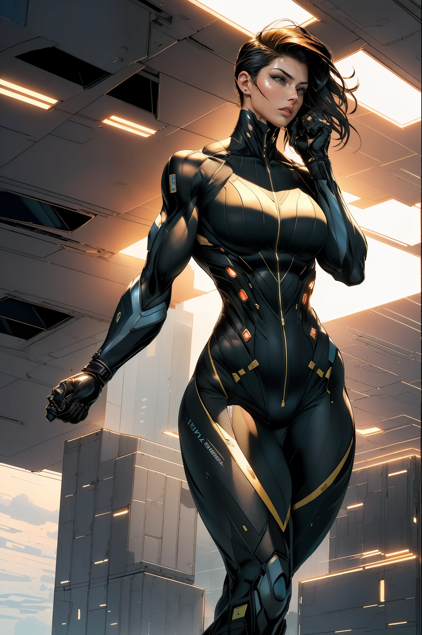 (Masterpiece, Top Quality), gina carano as a police super heroine,{{Depth of field}}, Hyper detail, 1woman, Single, Full Body, (Intricate Details, Makeup), (Delicate and beautiful delicate face, delicate and beautiful delicate eyes, face with perfect proportions), High-detail toned skin, delicate toned skin, Best proportions Four fingers and one thumb, strong and realistic green eyes, realistic black hair, lips, makeup, natural skin texture, police superhero futuristic jumpsuit costume, open neckline on the chest,  military boots, (public clothing:1.3), guns, slightly sunburned, mature, sexy, elastic muscles, fierce, (muscles:1.3), ((strong and healthy body)), ((((((more) muscles))), wet body, wet hair, long legs, curves, thick thighs, wide buttocks, thin legs, (big breasts: 1.2), thin waist, soft waist, (delicate toned skin), (glossy skin), (beautiful and sexy woman), (swollen lips: 0.9), (eyelashes: 1.2), very delicate muscles definition, action fight posture, A dystopian ghetto controlled by local gangs armed with hacked police weapons such as LED panel lights, EMP blasters and taser shotguns arranged in a square shape to mimic existing interior fixtures, ((top quality)), ((masterpiece)), ((realistic)), (detailed), physically-based rendering, cinematic lighting,
