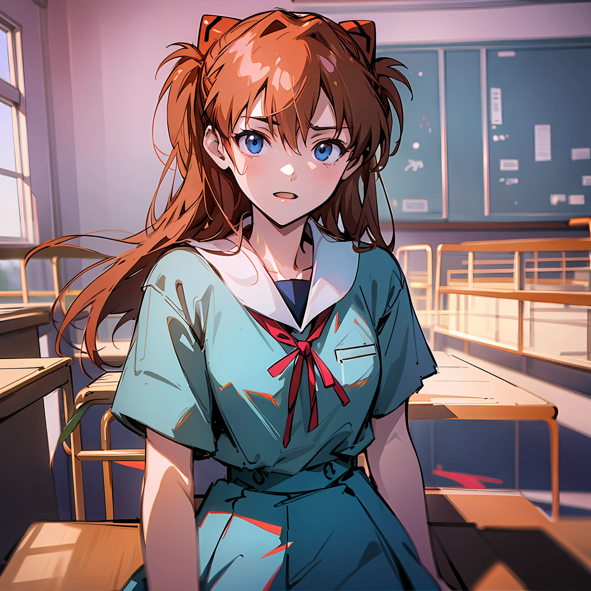 1 girl, Asuka, Evangelion, 8K, best quality, school uniform, classroom
