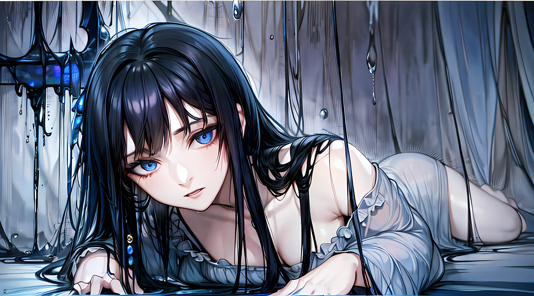 1girl, {{black hair, blue eyes}}, laying down on bed, one eye open, bare legs, nightgown, blue roses on bed, ((splash illustration, scan, render)), (highres 1.2), (ultra-detailed 1.2), (high quality, absurdres, masterpiece), {{{dynamic angle, moody lighting, low saturation, muted colors}}}, {wallpaper, rain}