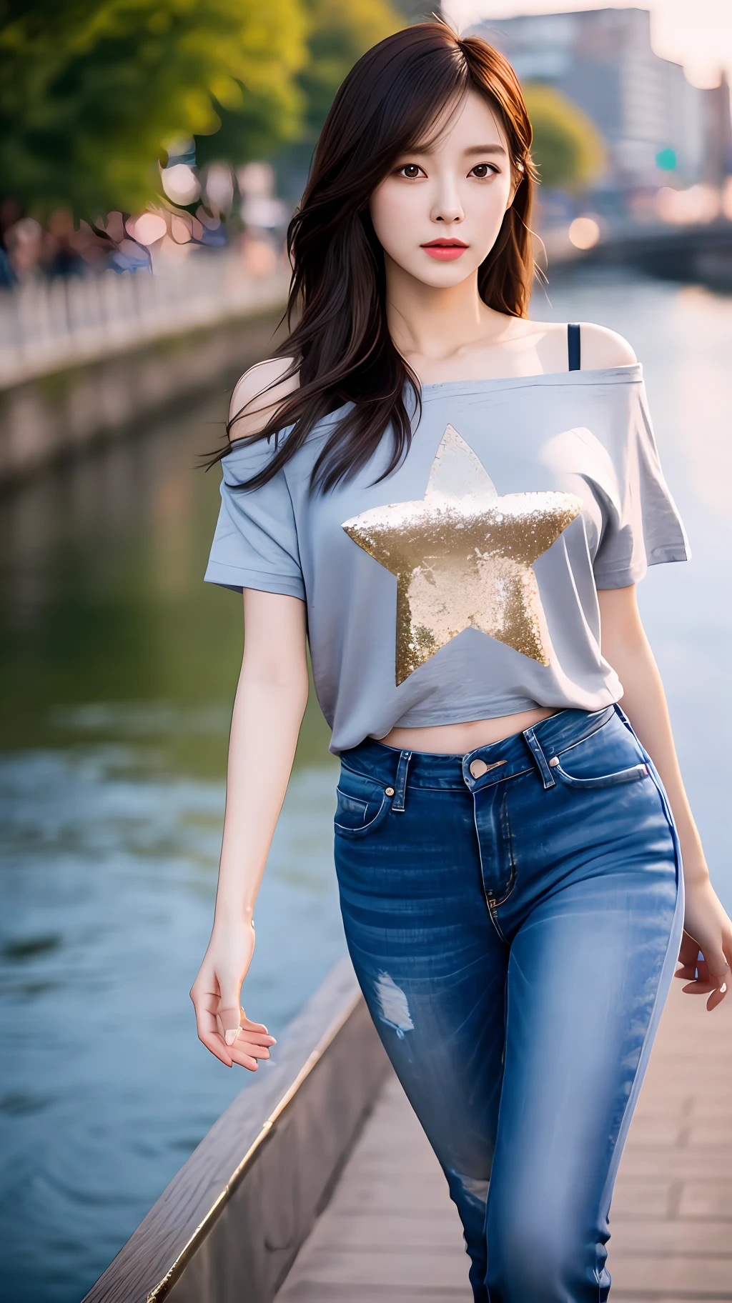 realistic photos of (1 cute Korean star) Shoulder-length hair, thin makeup, medium breasts size, t-shirt, and jeans,  the river is backdrop, clear facial features, dutch angle, cinematic lighting, sparkle, sparkle, UHD, ccurate, best quality, highres, 16k