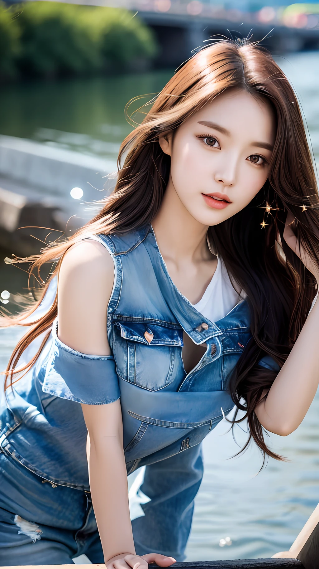 realistic photos of (1 cute Korean star) Shoulder-length hair, thin makeup, medium breasts size, t-shirt, and jeans, the river is backdrop, clear facial features, dutch angle, cinematic lighting, sparkle, sparkle, UHD, ccurate, best quality, highres, 16k