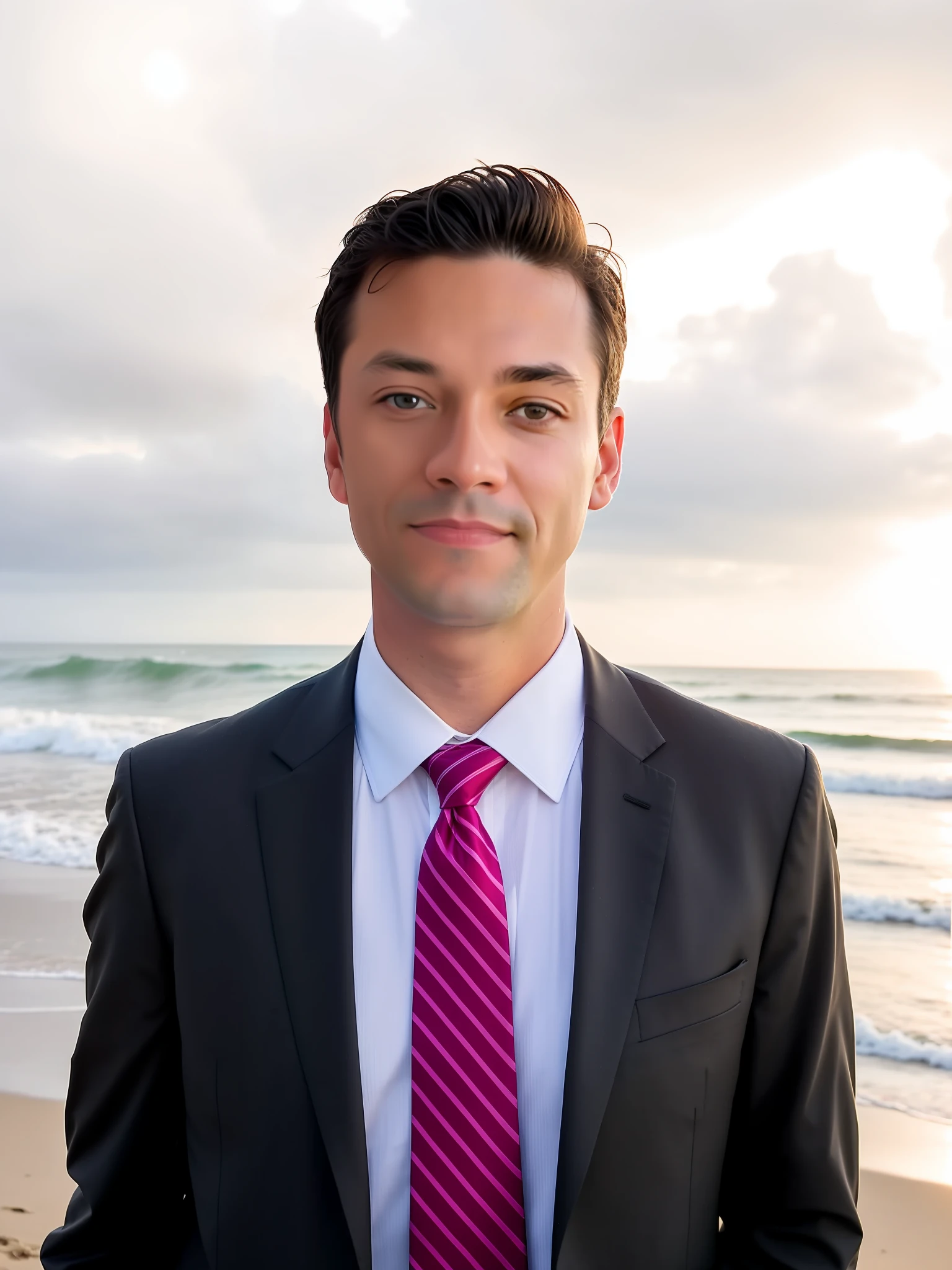 arafed man in a suit and pink tie standing on the beach, portrait of a man in a suit, near the beach, sun set, handsome man, sun behind him, looking towards the camera. arafed man standing on the beach with his hands in his pockets, , handsome the sea and storms behind him, profile shot, fan art. Middle smile. [Right side haircut]. black and white photo of 42 year old man in black clothes, black hair, face, half body, body, highly detailed skin, skin pores, coastline, cloudy weather, wind, waves, 8k uhd, Dslr, soft lighting, high quality, film grain, Fujifilm XT3