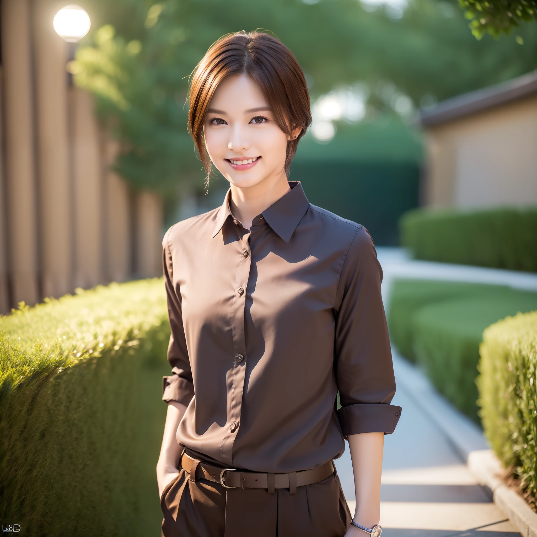 ((Realistic lighting, top quality, 8K, Masterpiece: 1.3)), Clear Focus: 1.2, pretty boy, Perfect figure: 1.4, 7-minute sleeve shirt, (((dark brown hair)), ((Outdoor, Night: 1.1), Lawn, Ultra slender face, Narrow eyes, Double eyelids, Smile