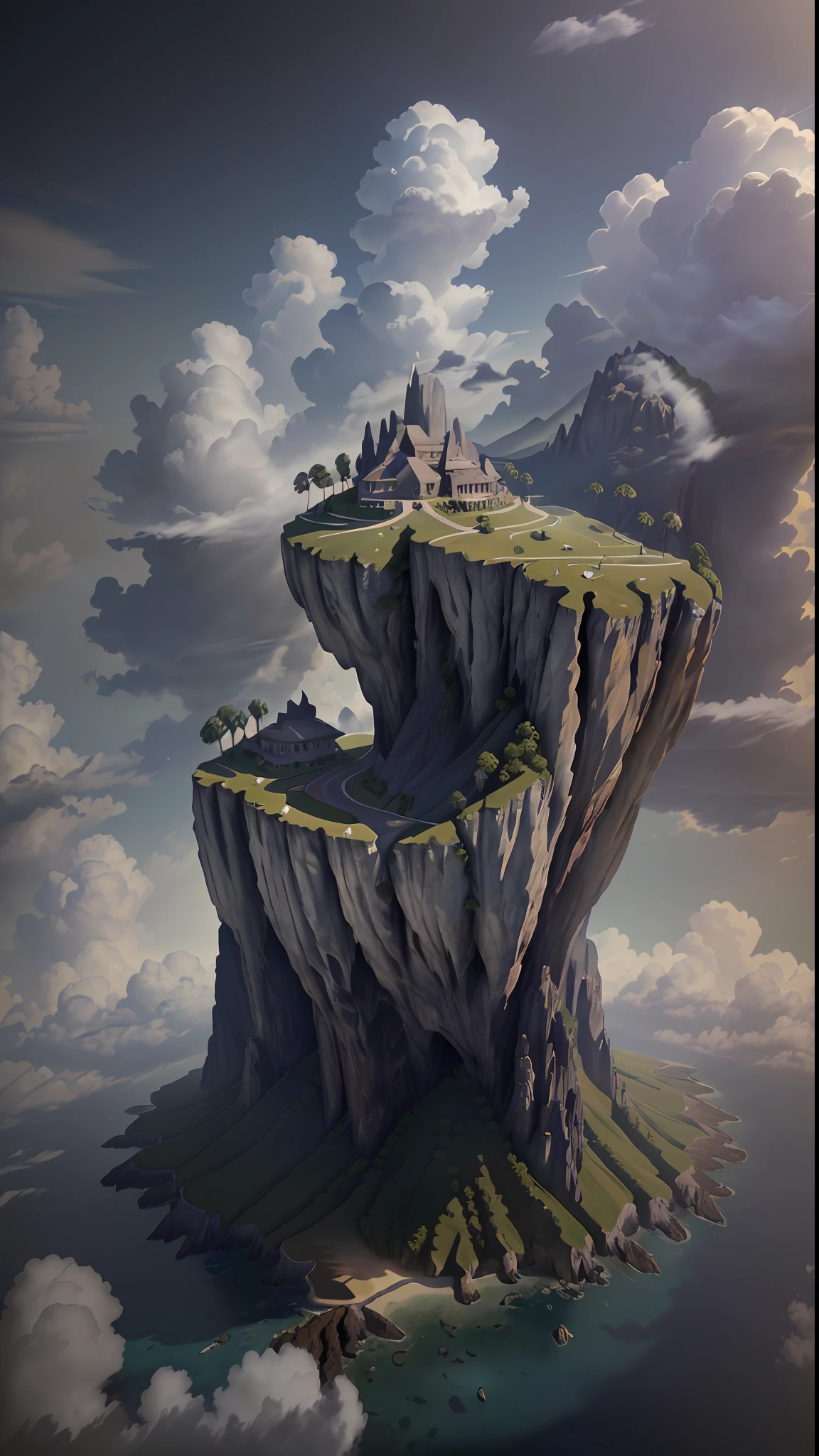 (8k, RAW Photo, Best Quality, Masterpiece:1.2), (Photorealistic, Photorealistic:1.37), Octane Rendering, Ultra High Resolution, Ultra Detail , Professional Lighting, Photon Mapping, Physically Based Rendering, UE5, (Island in the Sky), ((Surrounded by Clouds)), , ((Ray Tracing)),, (Depth of Field), Landscape,