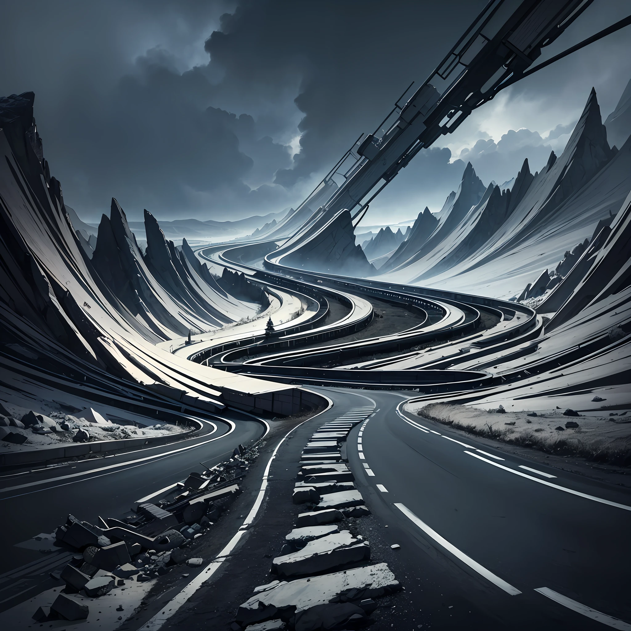 long, twisty road full of chaos and chaotic elements, jagged edges, sharp, going off into the distance, daunting