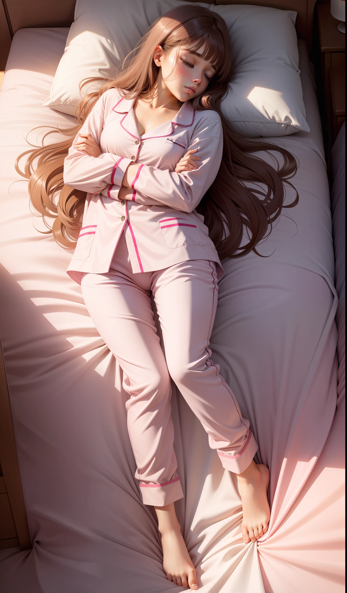 Sleeping girl, 22 years old, realistic, she is wearing long pants, she is wearing pink pajama, brown hair.