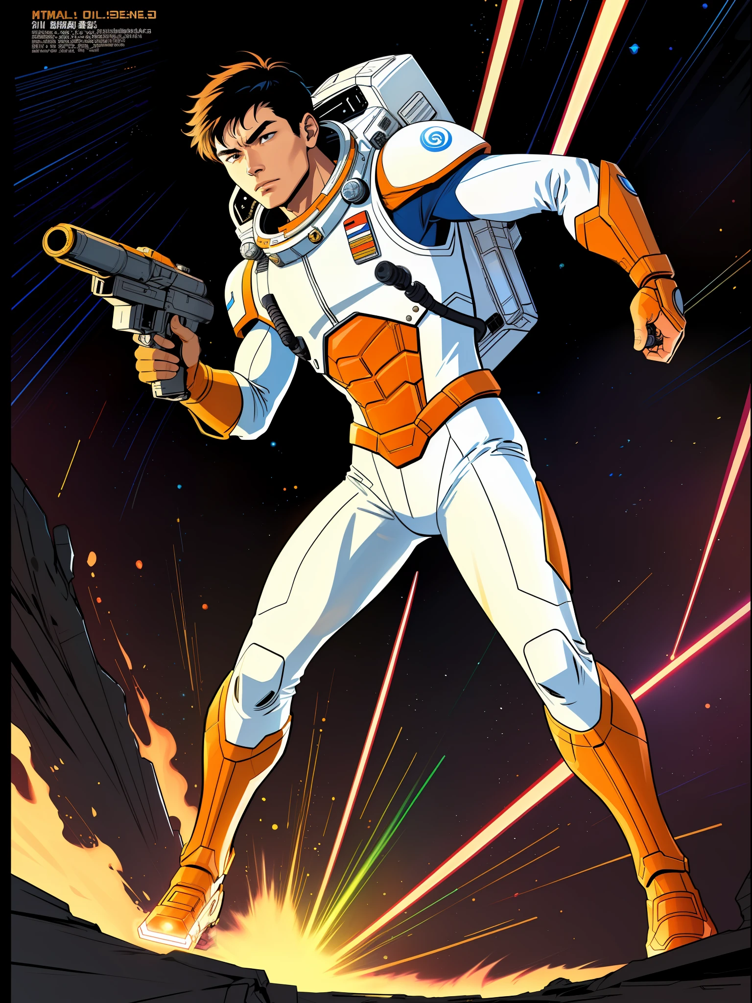 1 boy, (comic style:1.3), (line art:1.5), (battle scene),(masterpiece, award winning, best quality:1.3), (solo), Asian Astronaut on an alien planet, black_cap, white_orange_spacesuit, left hand holding laser gun, right hand holding laser gun, cinematic, masterpiece, detailed background, detailed material textures, by Frank Frazetta, serious, realistic 1.35, muscular 1.2