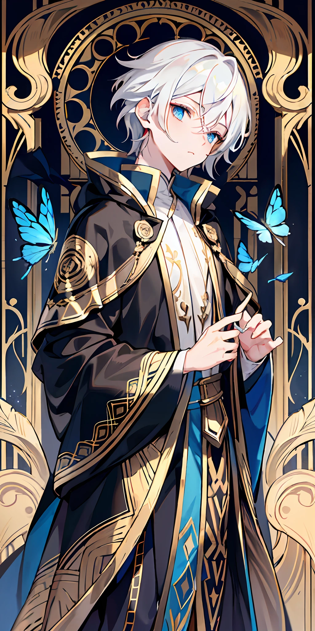 Boy, male, wide black robe, golden geometric embroidery, white hair, blue eyes, beautiful, feminine, thin, cute, gentle, magical, aesthetic, quiet, official quality, night, red rose, blue butterfly
