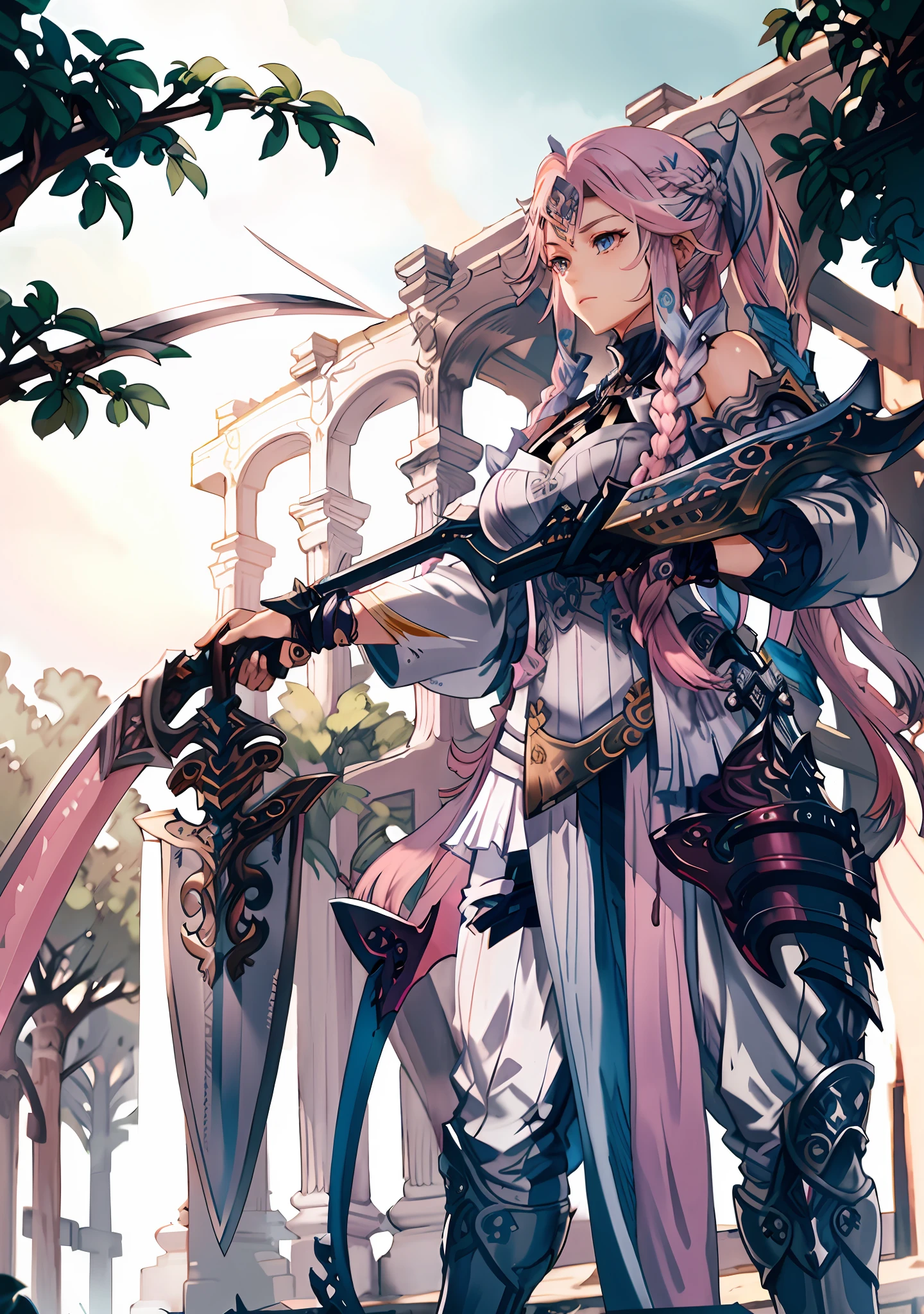 masterpiece, best quality, 1woman, (((weapon master))), intricate Heather Gray outfit, intricate background, very long hair, Bubblegum Pink hair, waterfall braid, Sky Blue eyes, swamp, sfw