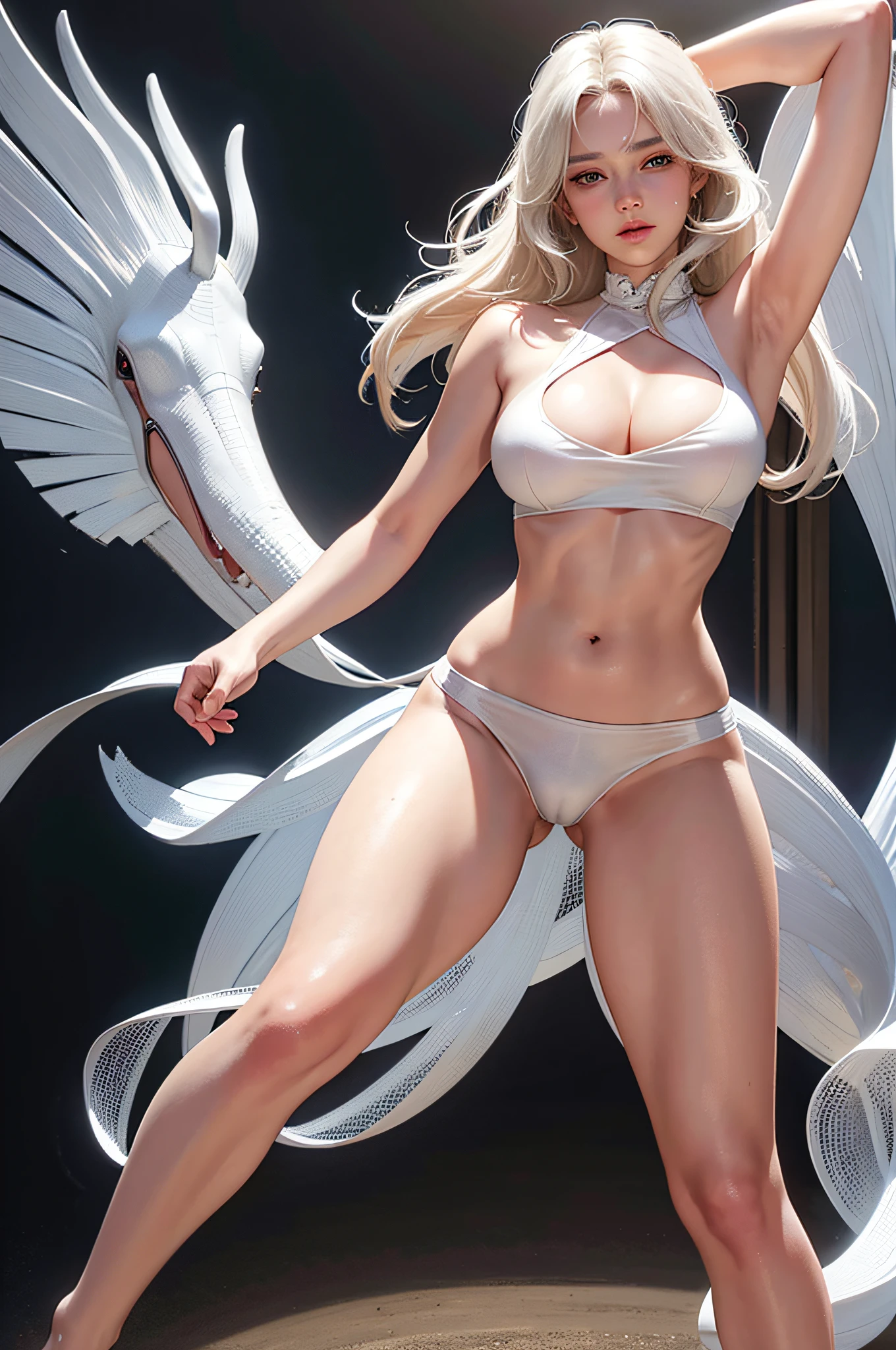 (hyperrealistic), (illustration), (high resolution), (8K), (extremely detailed), (best illustration), (beautiful detailed eyes), (best quality), (ultra-detailed), (masterpiece), (wallpaper), (detailed face), solo 1 girl, white wavy hair, korean, heterochromic eyes, small moles under the eyes, loose white shirt, yoga pants, big breasts, long legs, tight abs, camel toes, dynamic pose