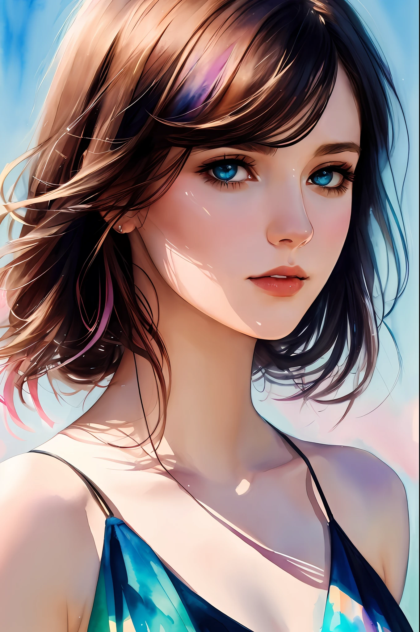 (8k, best quality, masterpiece:1.2),(best quality:1.0), (ultra highres:1.0), watercolor, a beautiful woman, shoulder, hair ribbons, by agnes cecile, half body portrait, extremely luminous bright design, pastel colors, (ink:1.3), autumn lights,