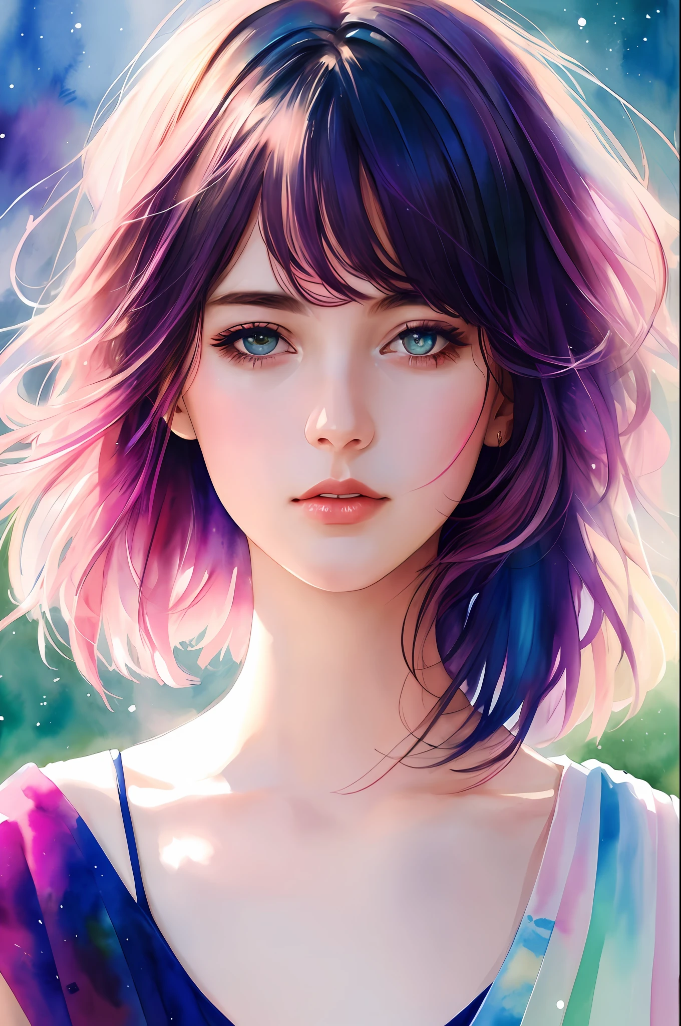(8k, best quality, masterpiece:1.2),(best quality:1.0), (ultra highres:1.0), watercolor, a beautiful woman, shoulder, hair ribbons, by agnes cecile, half body portrait, extremely luminous bright design, pastel colors, (ink:1.3), autumn lights,