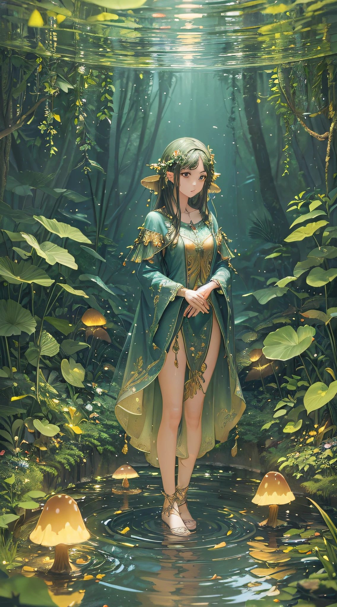 (Masterpiece, Top Quality, Best Quality, Official Art, Beauty and Aesthetics: 1.2), (1girl: 1.3), Extreme Detail, (Fractal Art: 1.3), Colorful, Most Detailed, (Extremely Beautiful Reflection, Best Reflection, Forest Theme with Natural Elements, Tall Trees, Quiet Stream, Glowing Small Mushrooms, Surrounded by Delicate Leaves and Branches, and Fireflies and Glowing Particle Effects, Maiden Standing in Water) (Natural Elements), (Jungle Theme), (Leaves) , (twigs), (fireflies), butterflies, (delicate leaves), (glow), (particle effects). , isometric 3D, Octane rendering, ray tracing, super detailed, --auto --s2