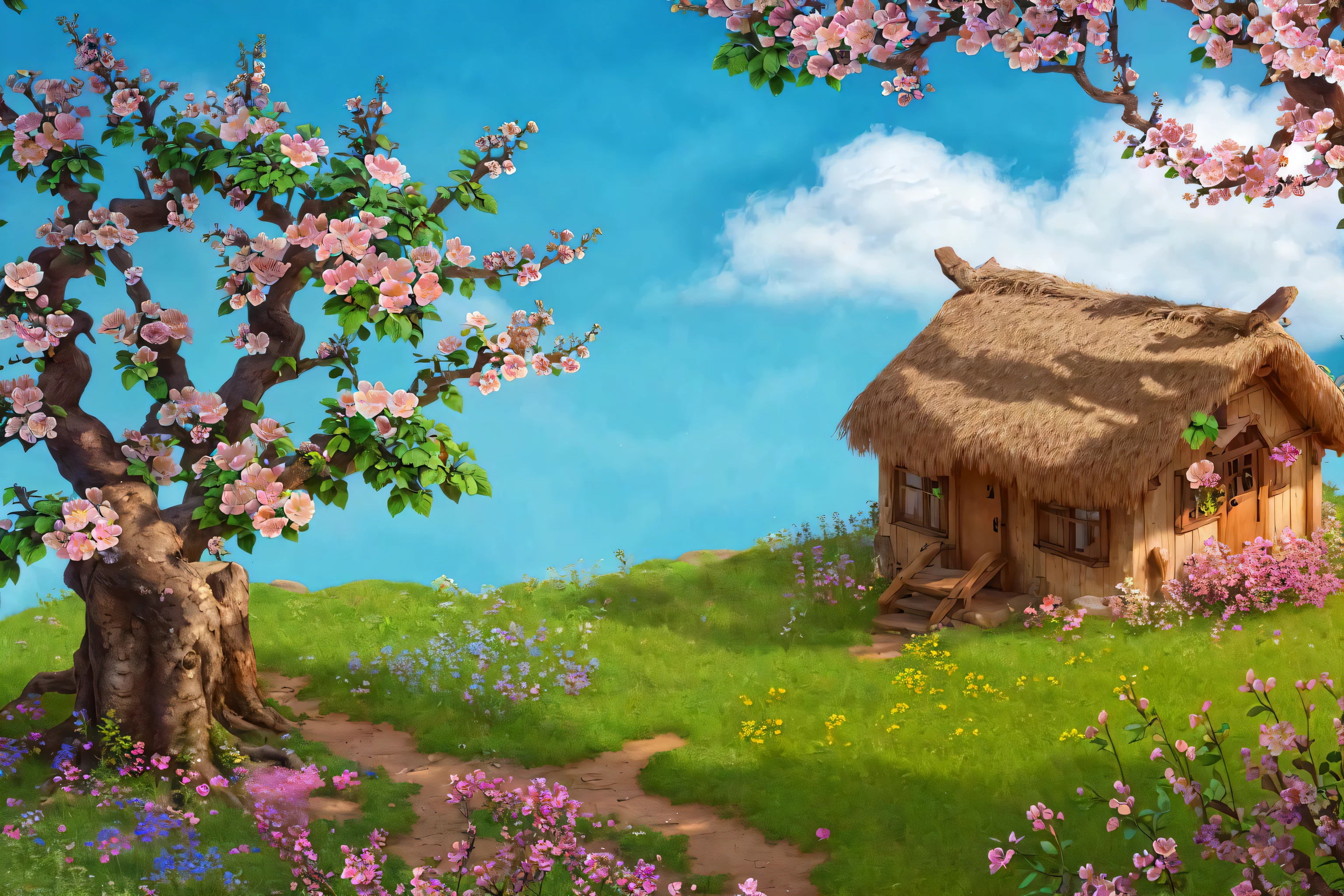 UHD, ccurate, super detail, high details, best quality, blue sky, A cottage,nuhuam,(building:1.2), (tree:1.2),(flower:1.2),( meadow:1.2)