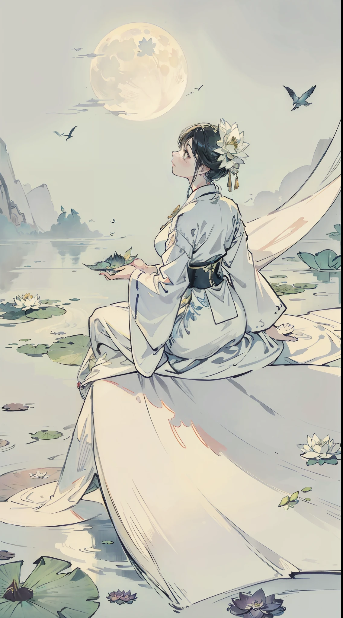 On the wall there is a painting of flowers and birds, on which is a lotus flower, a woman in white Hanfu, sitting on a lotus leaf, looking at the sky, a full moon in the sky
