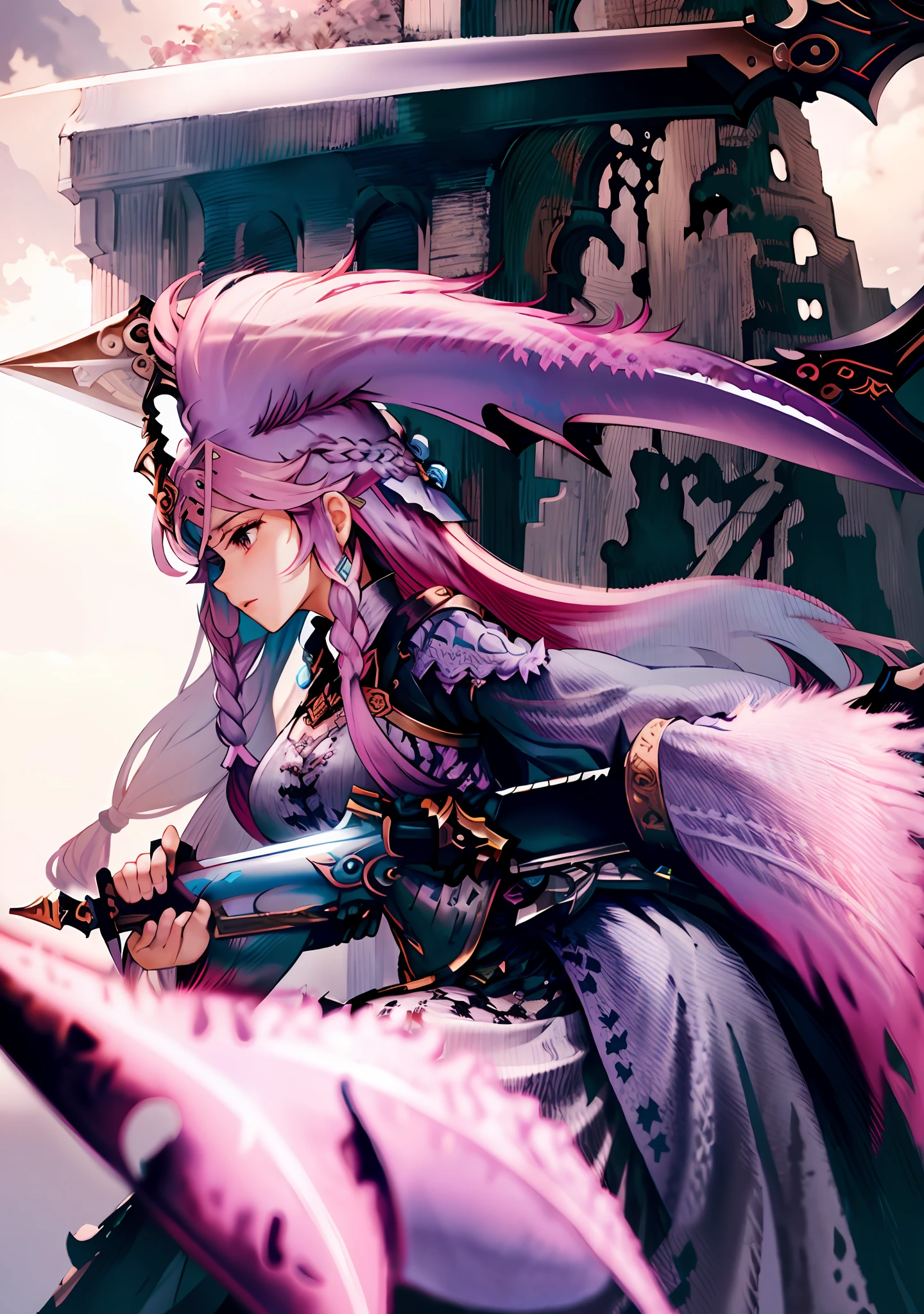 masterpiece, best quality, 1woman, (((weapon master))), intricate Heather Gray outfit, intricate background, very long hair, Bubblegum Pink hair, waterfall braid, Sky Blue eyes, swamp, sfw