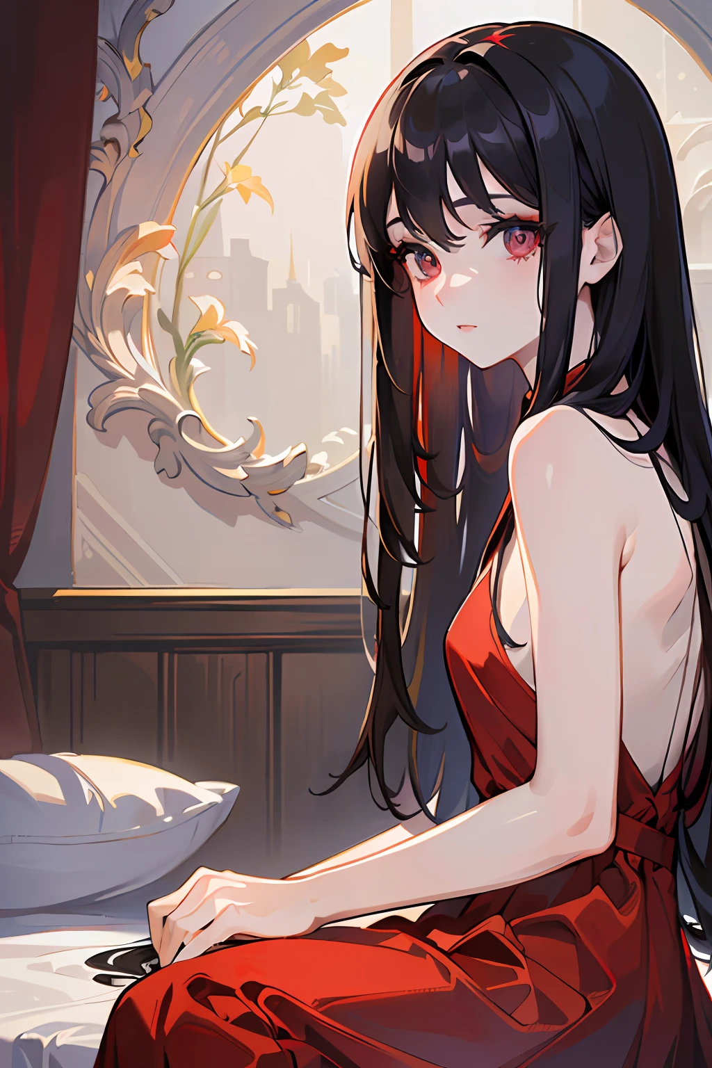 (artwork), (masterpiece), (best quality:1.4), (best artist), (detailed eyes+colored iris), (illustrative setting:1.2), (natural lighting:1.2), (eyes+red+detailed:1.2), (1girl), long straight black hair with bangs, (white skin+white+porcelain), wearing a beautiful red silk dress, beautiful bedroom background