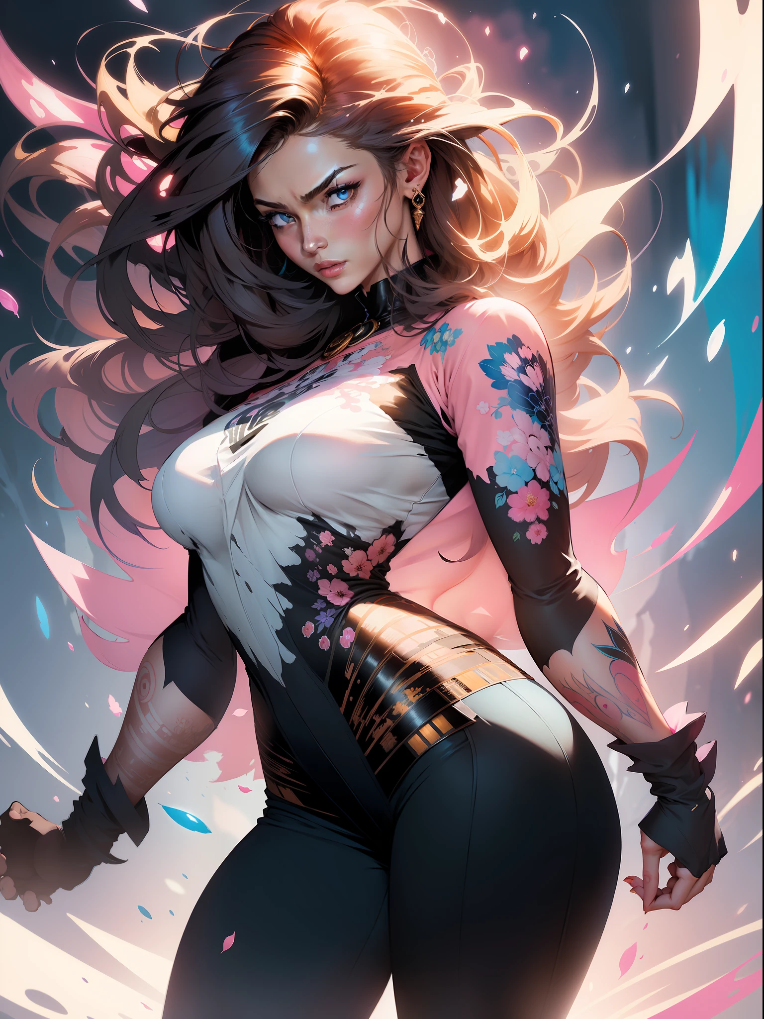 :: Comix style by Joe Madureira :: "Black woman'' , perfect and detailed, ultra detailed shirt with abstract design, with flower print on the sides of the dress, image of woman fighting with alien creature full of tentacles, with immersive effects, hover effect, graphite style background with vibrant colors "HDR ultra" detailed and with focus effect, (masterpiece: 1.2, best quality), (Beautifully detailed eyes: 1.2), ((Beautiful Woman)),long, straight and full hair with brown color,with a natural shine ((Solo)), (Blue eyes:1.4), (Finely detailed eyes and detailed face with long eyelashes:1.3),), (With ultra detailed jeans and a white and pink shirt with ultra detailed tribal tatoom print throughout:1.3), (Beautiful and clear background:1.2), (Extremely detailed CG, Ultra-detailed, Best Shadow:1.1),("" character demonstrating his super power in the fist"")((Depth of field and blur)), ((Watercolor)), Large breasts, Bare shoulders, Flowers and petals, Beautiful conceptual illustration , (white background:0.5), (Illustration :1.1), (extremely thin and beautiful: 1.1), (perfect details: 1.1) graffiti style background, freedom, soul, digital illustration, perfect anatomy, centered,, dynamic, highly detailed, watercolor painting, artstation, concept art, smooth, sharp focus, illustration, art by flesh Griffiths and Wadim Kashin, heterochromia, perfect anatomy, centered, approaching perfection, dynamic, highly detailed, character sheet, artstation, concept art, smooth, sharp face focus, art by Kim Jung Gi,, Artgerm, Carne Griffiths and Wadim Kashin, Sasha Yakovleva, Loish, Jeremy Mann, Full Body Shot, character sheet, lightning wave, beautiful anime watercolor painting, dripping paint by Tim Okamura, Victor Nizovtsev, Greg Rutkowski, Noah Bradley. Trend in Artstation, 8K, masterpiece, graffiti paint, fine detail, full of color, intricate detail, golden proportion illustration, (Background with dragon mecha extremely