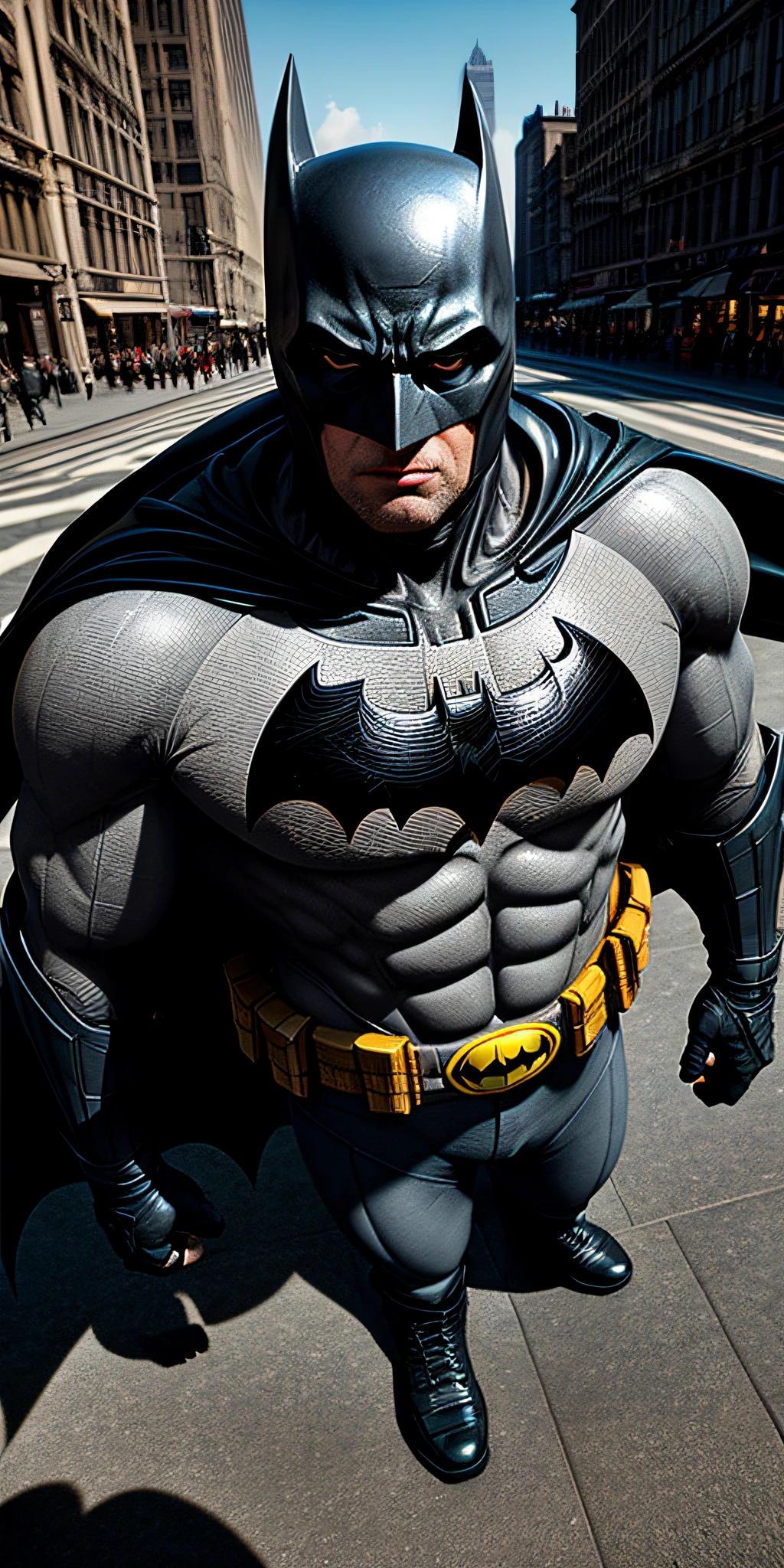 Batman ((proud expression)), masterpiece, best quality, ultra-detailed, floor, city background, shadows, contrast, clear sky, style (look at viewer: 1.2) (skin texture) (film grain: 1.3), ultra-high resolution, octane rendering, 16k
