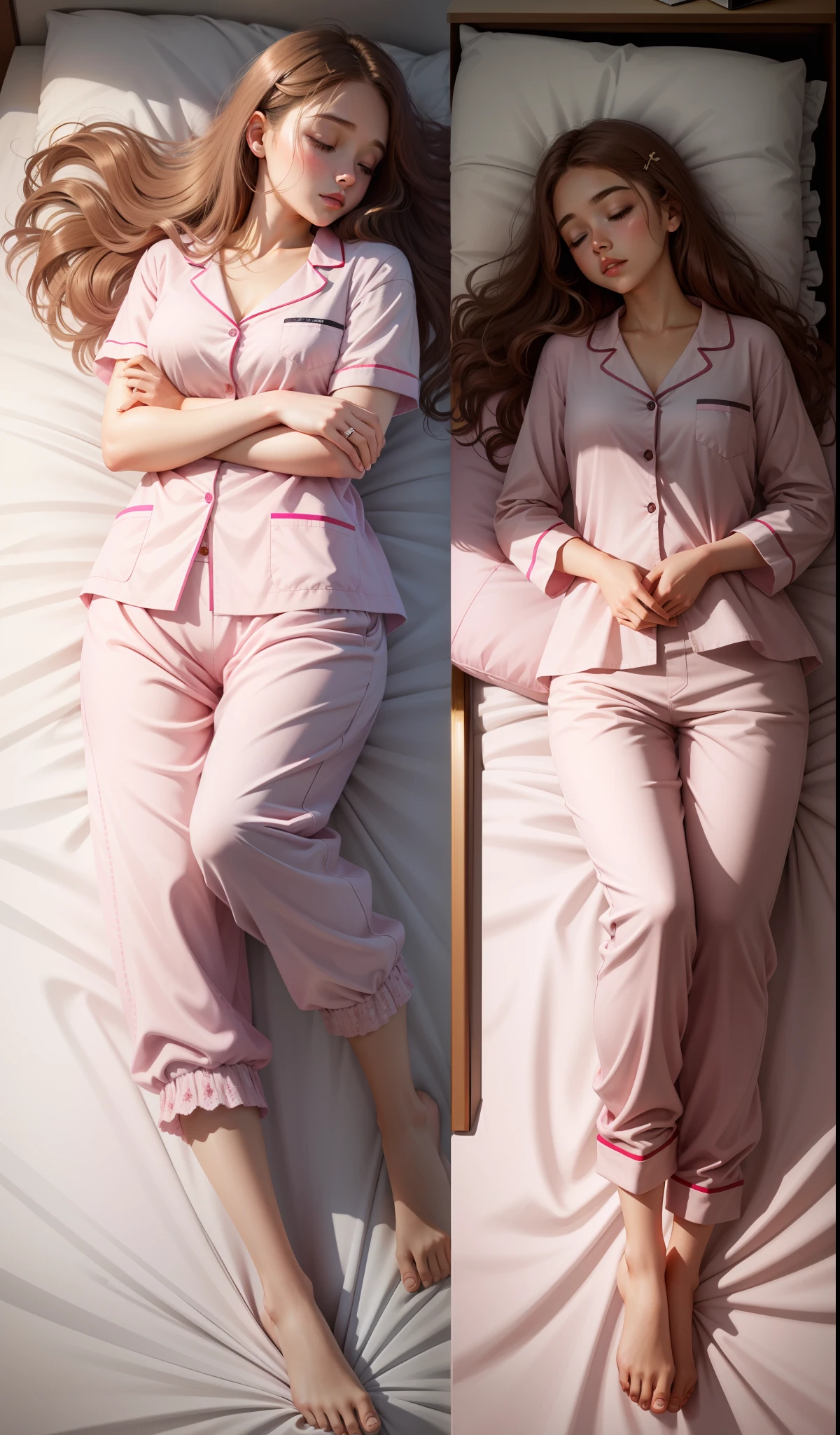 Sleeping girl, 22 years old, realistic, she is wearing long pants, she is wearing pink pajama, brown hair.