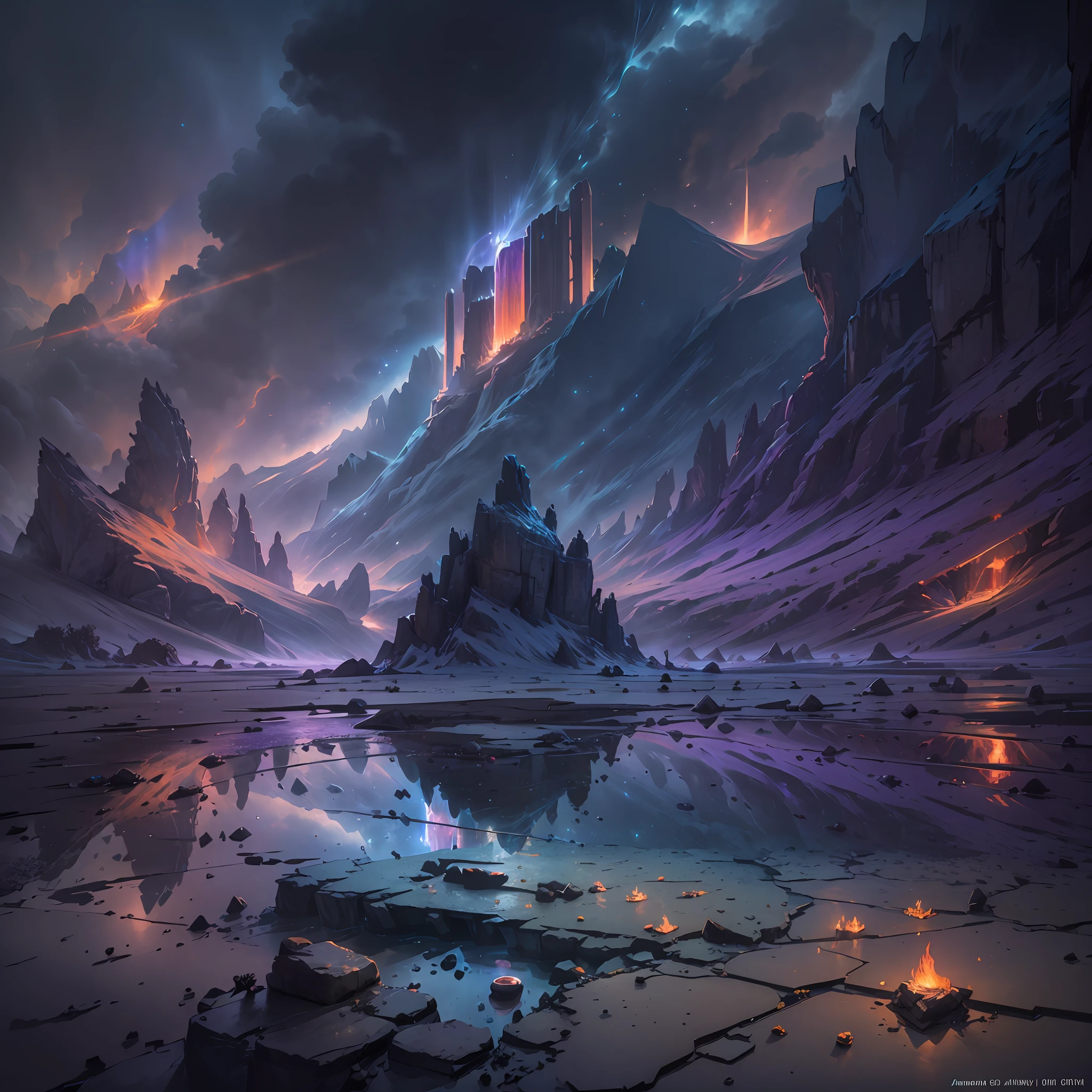 extensive landscape photography (bottom view, which shows the cave vault above and the lake of fire below), blonde guy standing on a stone ledge and looking down (fiery eye: 1.2), (falling stones: 0.9), (fire: 1.3), distant mountain, tree BREAK production art, (warm light source:1.2), (Firefly:1.2), lamp, a lot of purple and orange, complex details, volumetric lighting, realism BREAK (masterpiece:1.2),  (Best Quality), 4K, Ultra Detailed, (Dynamic Composition: 1.4), High Detailed, Colorful Details, (Rainbow Colors: 1.2), (Luminous Lighting, Atmospheric Lighting), Dreamy, Magical, (Solo: 1.2) --auto --s2