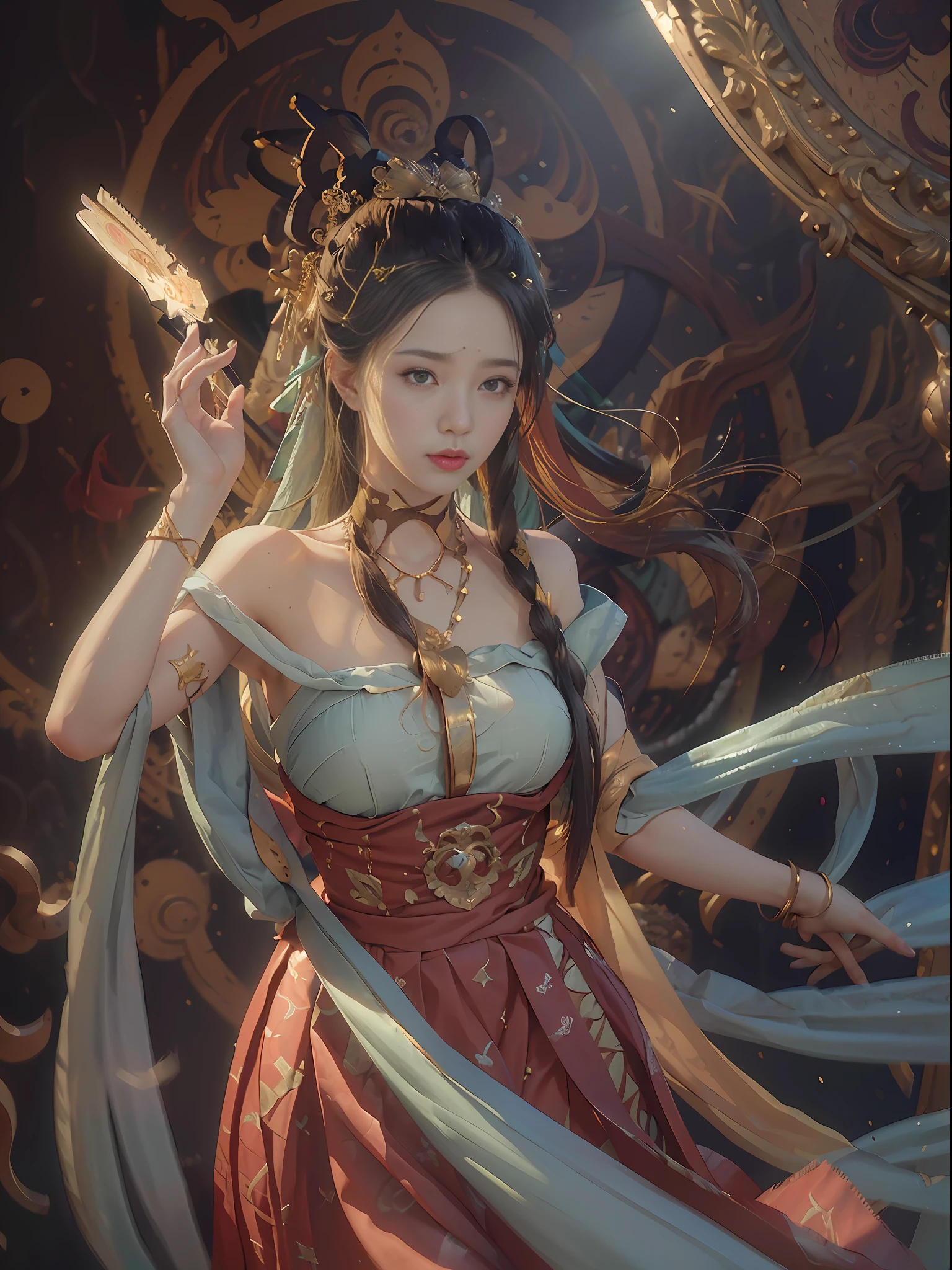 (RAW photo, best quality), (realistic, photo-realistic:1.3),best quality,highly detailed,masterpiece,ultra-detailed,illustration,1girl,upper_body,dynamic angle,world masterpiece theater,messy_long_hair,best quality,extremely detailed CG unity 8k wallpaper,ink,Amazing,cinematic lighting,lens_flare,,dunhuang_style