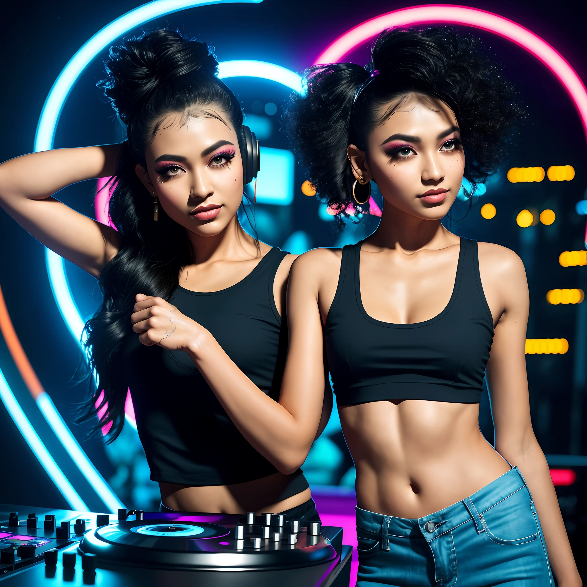 As a part-time DJ in a vibrant nightclub,
She strikes a pose, ready to make the crowd rock.
Her outfit is an edgy ensemble, reflecting her musical vibe,
A leather jacket, ripped jeans, and sneakers, exuding her tribe.
From an angle view, she stands behind the decks with finesse,
Fingers poised over the turntables, ready to impress.
Her hair is styled in a bold and colorful way,
A vibrant expression of her creative sway.
The scene is set in a pulsating club, filled with electric energy,
With flashing lights and thumping beats, a sensory symphony.
The dance floor is alive, bodies moving to the rhythm's command,
As she spins tracks, creating an atmosphere grand.
Her pose captures the essence of music and pure delight,
Inviting everyone to surrender to the beats and dance all night.
In this captivating moment, she embodies the power of sound,
A part-time worker girl, transforming the night into a playground.
((Indonesian) , ((sundanese)) ) , round-shaped face, Natural temple, emerald eyes, knee-length navy blue hair, Long and voluminous eyelashes, Defined cheek, Natural shape nostril, well-shaped Medium-full lips, Slender and graceful neck, Proportional and well-balanced head on neck, Smooth and proportionate forehead, groomed eyebrows, Well-defined eyelid, Straight curved nose, rounded jaw, balanced chin, (handled hair), perfect anatomy, (sharp eyeliner, eyeshadow, detailed eyes:1.1), ((realistic face)), beautiful, gorgeous, (((lifelike, ultra hyper realistic, highly detailed skin,( perfect skin texture) , perfect face))),wet skin , beautiful small breasts, shinny skin, long bold pubic hair, dark skin,(( tanned skin)),
(masterpiece:1.3), (absurdres:1.3), (((HD Wallpapers:1.5))), (best quality:1.3), ((profesional shoot:1.2)), Cinematic still frame, movie still, 8k , 1200 dpi, moody lighting, cinematic, anamorphic, (silhouette:1.0) , (8K),(intricate details:1.0), (ultra-detailed:1.0), (illustration:1.3), (sharp focus:1.3), (natural lighting:1.05), (vivid colors:1.3),