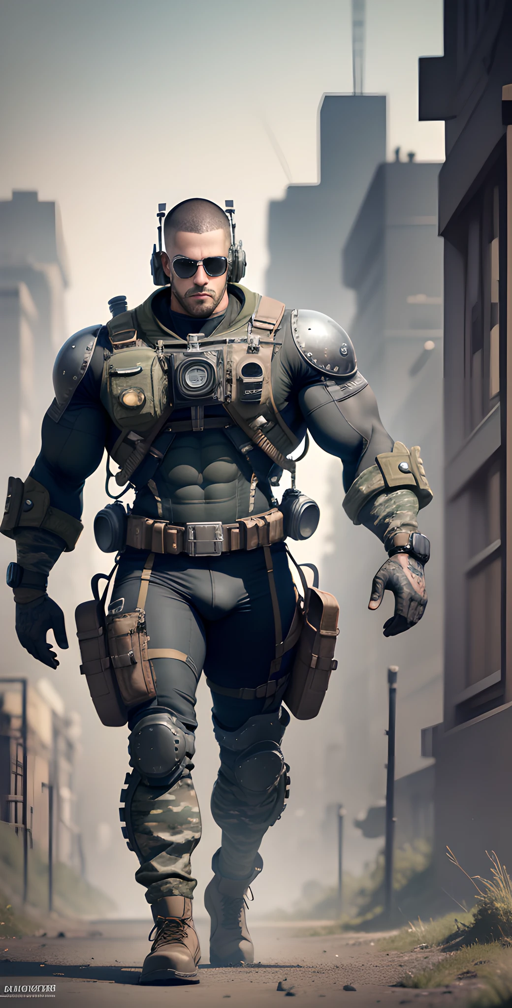 Male in the Heath, tall and burly, camouflage tights, big muscles, big bulge, Buzz cut, black sunglasses, brown camouflage military boots, buzz cut, steampunk style, steampunk art, complex mechanical devices such as gears, pipes, valves, (huge industrial building: 1.4), gray theme, retro futurism, crazy details, (Fujiflim XT3), 20 megapixels, detailed, cinematic particles,