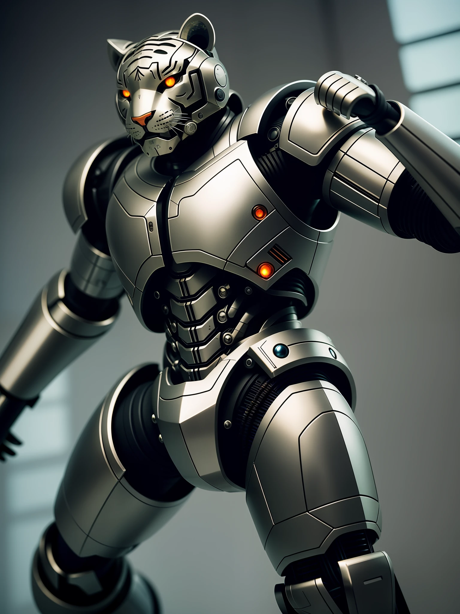 A cute little tiger in metal armor, (cyborg: 1.1), ([tail | detailed wire]:1.3), (intricate detail), hdr, (hyperdetailed: 1.2), cinematic shot, vignette, centered