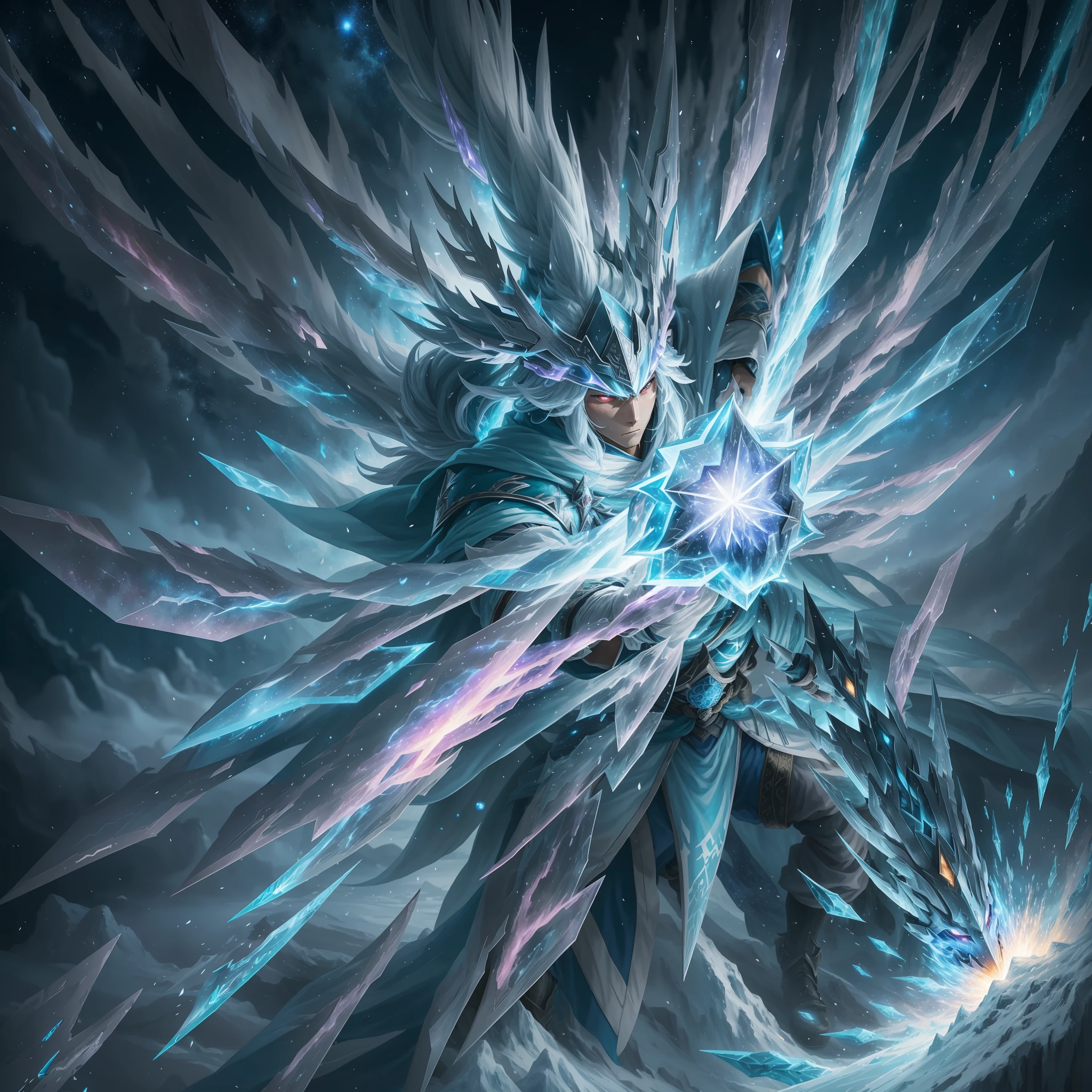 Two-dimensional Japanese battle scene, the frost magician chants a spell, ready to unleash a fatal blow, while gathering mana, majestic. Cool particle effects that show the royal dynasty's ice kingdom and the vast starry sky. In 8K rendering, perfect detail is revealed. The close-up shows the amazing skills of the Frost Mage and is full of shock. --auto --s2