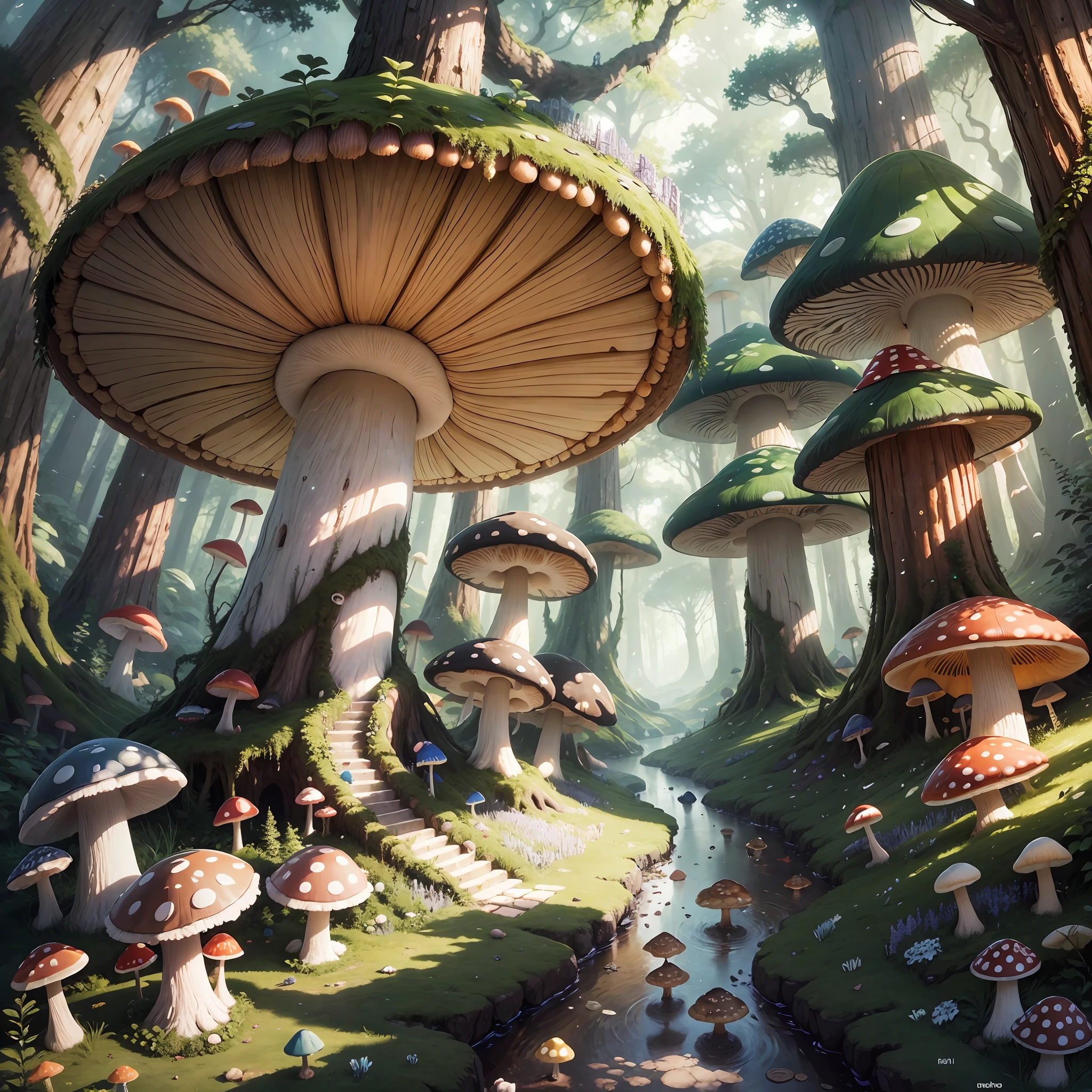 Magic forest, with large mushrooms and fantasy, high definition, masterpiece, 4k --auto --s2