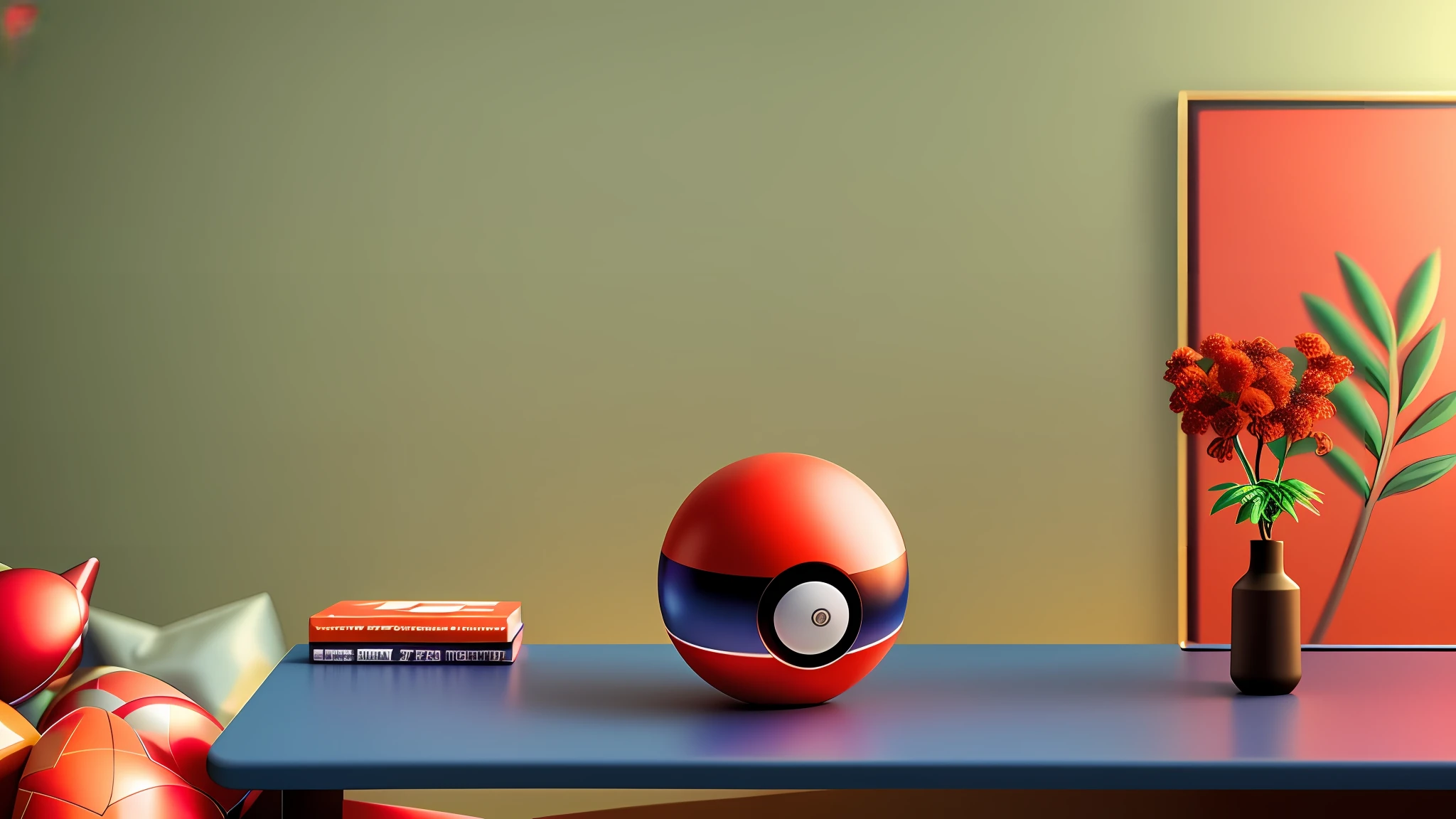 Red speaker sits on table in room, Pokemon shaped speaker sits on table, spherical speaker, red and black ball pokémon ball closeup, (pokemon ball), BW 3d render, pokemon red and blue, new pokemon, 3d rendering, 3d rendering, red realistic 3d render, pokemon, illustration pokemon, 3d, Concept Mystery Pokemon, Pokemon, Pokemon Inspiration, 3D Product Rendering, Product Rendering, Wide Angle Full Shot, Landscape Full Shot, Detail Wide Angle Lens, Close Up, 3D Product Rendering, Detail Lens, Medium Wide Lens, Medium Full Lens, Rendered by Corona, Shot with Alexa, Medium Full Lens, Bottom Angle, Photography, Medium Closeup