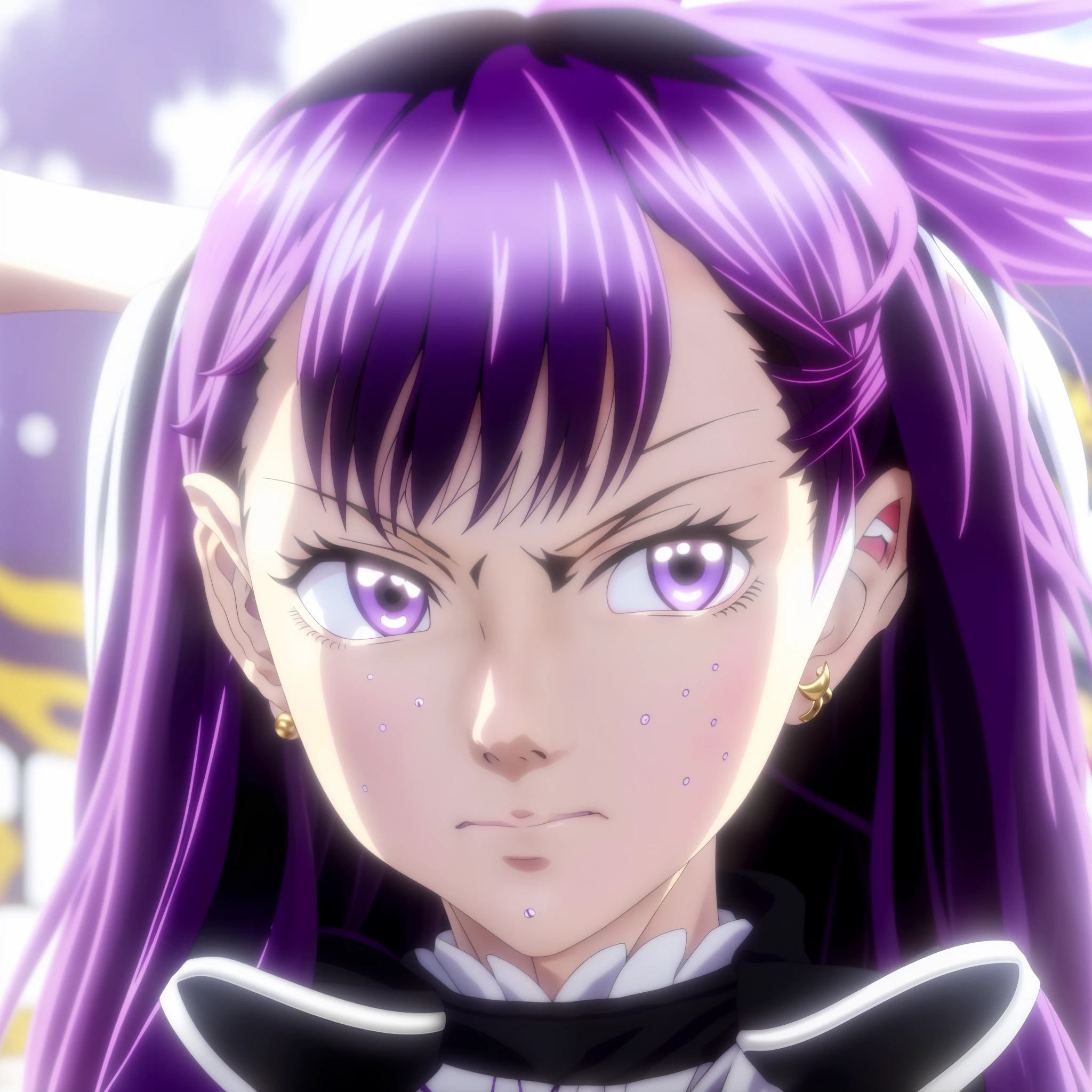 A closeup of a person with long hair and purple eyes, screenshot of Black Clover, she has white eyes!!!, black anime pupils in her eyes, she has elf ears and golden eyes, Shiro from Deadman Wonderland, closeup of a young anime girl, has a piercing look but a stern look on her,  female anime character.