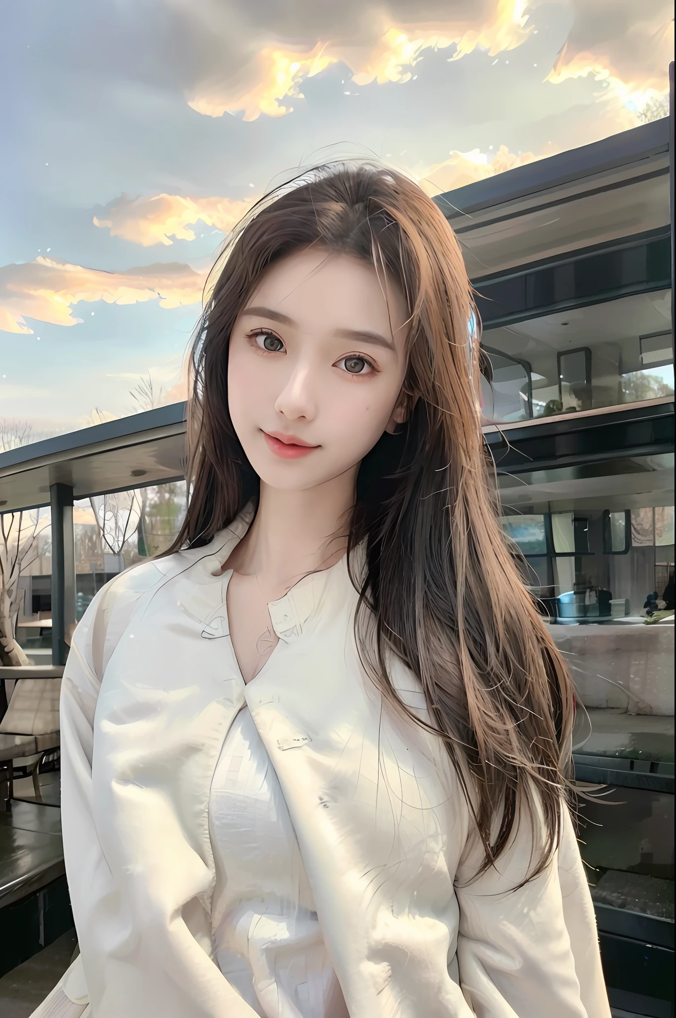 (Best quality: 1.2), lifelike texture, perfect eyes, shiny lips, realistic, ultra-detailed face, detailed skin, look away, outdoors, sun, sky, snow moon