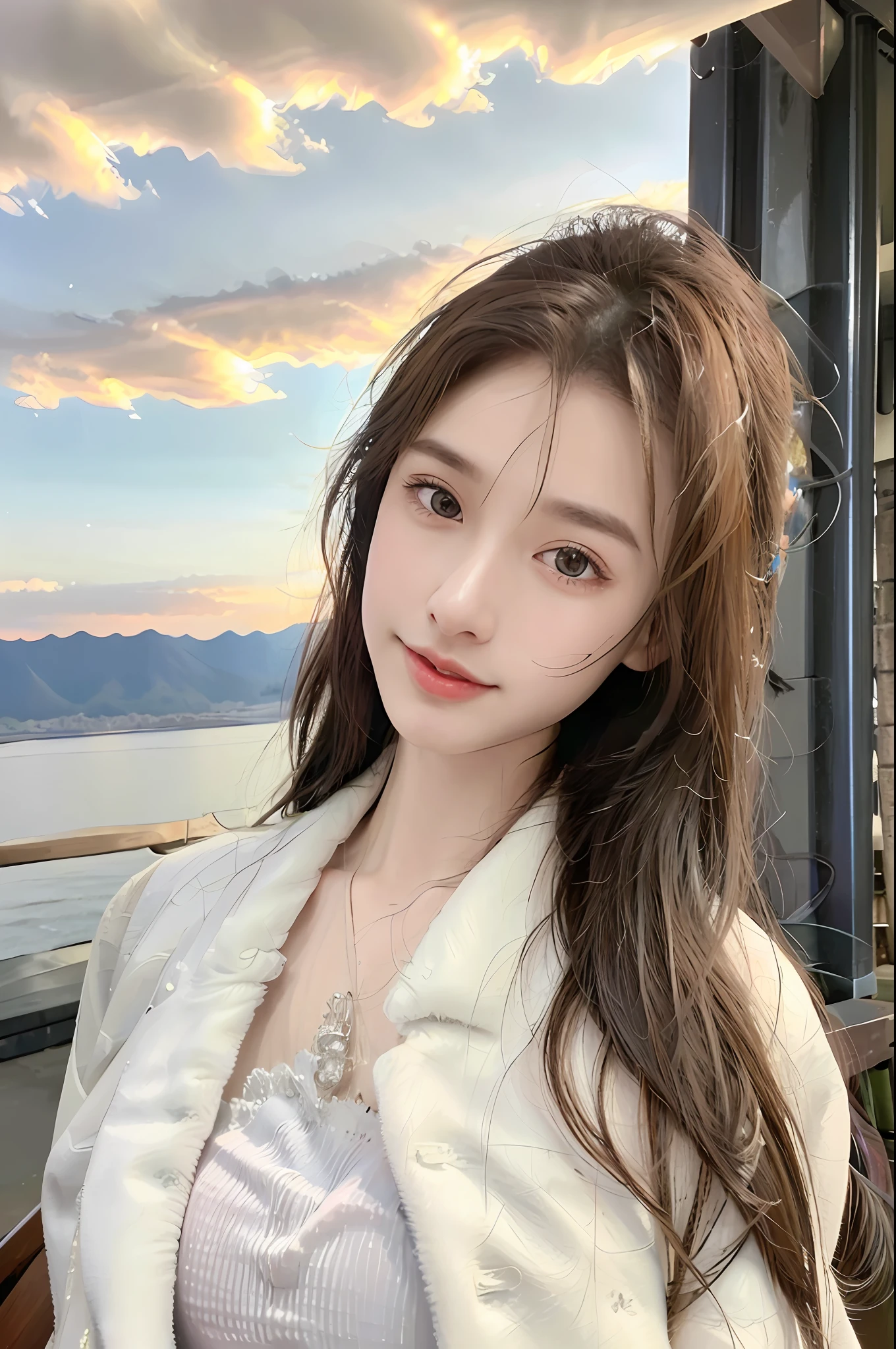 (Best quality: 1.2), lifelike texture, perfect eyes, shiny lips, realistic, ultra-detailed face, detailed skin, look away, outdoors, sun, sky, snow moon