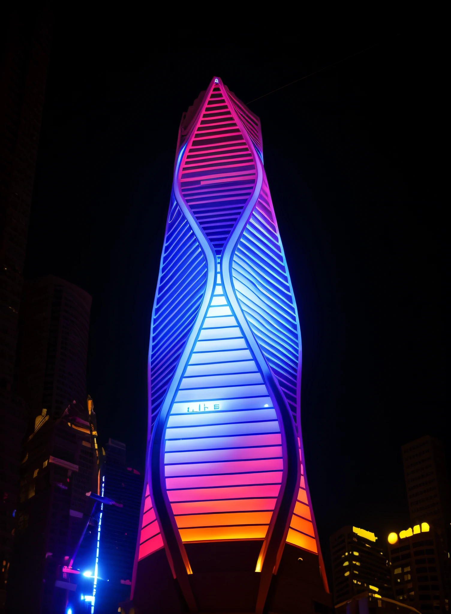 Alafard building side with spiral design, YouTube video screenshot, beautifully lit building, inspired by Chasbio, curved architecture, futuristic tower, twisted giant tower, by Chasbio, futuristic skyscraper, flawless structure, high-rise building, Shanghai, night shot, super tall building, the building is a skyscraper, drone lights up the building into a torch --auto --s2