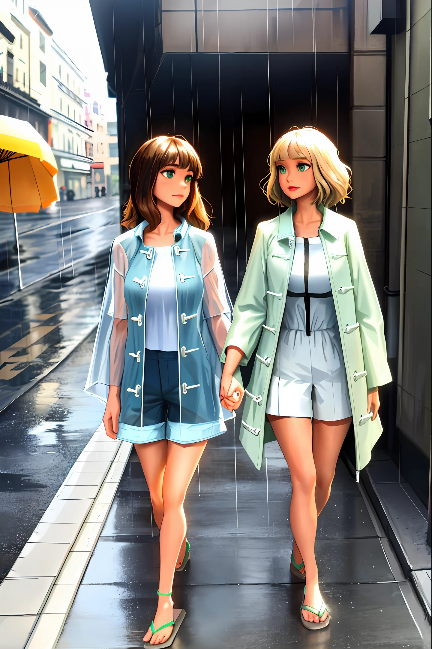 Realistic,best quality,photography,cute women,bangs,brown long hairs, green eyes, walking,street hand holding white umbrella, wearing  (blue raincoat short pants ,white sandal)