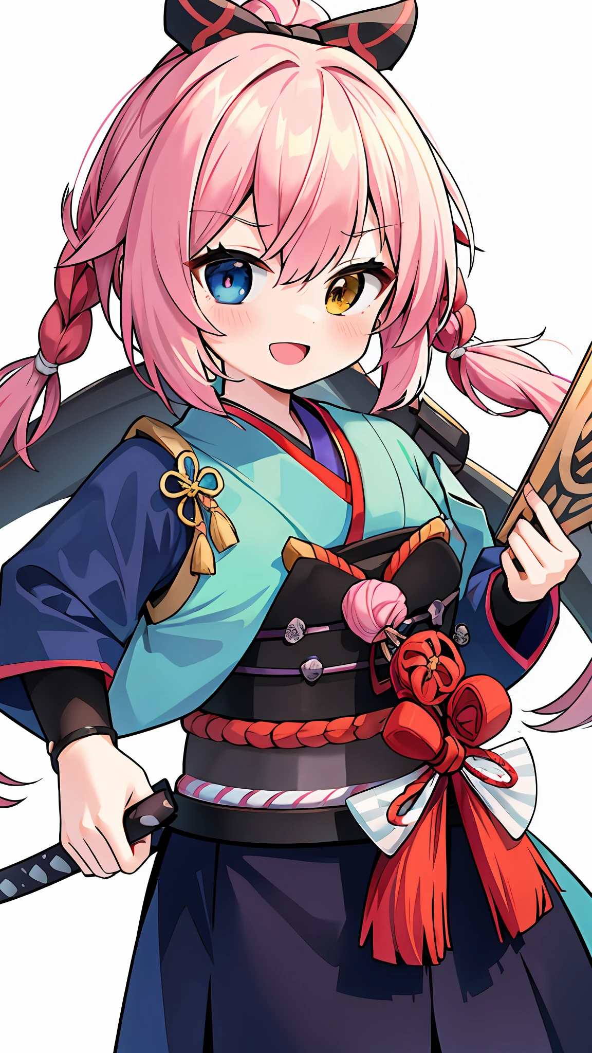 (heterochromia, light blue eyes and light green eyes: 1.8), "Kyoto Animation" style anime illustrations, top quality, (cute: 1.1), (cute), (high resolution: 1.2), incredibly ridiculous: 1.3, incredibly detailed illustrations, Japan, Sengoku period, solo, girl, helmet, japanese mascot, bow ashigaru, japanese warrior, from sengoku period, inspired by Tōshūsai Sharaku, samurai outfi, "Sanada Yukimura" style samurai, pink hair, braid, (kawaii: 1.5), , kyoto, honnoji, front, angle from below, nioh standing, full body, cute girl, dignified, solo, standing, Katana holding in right hand, :d, masterpiece, top quality, absurdity, high resolution, official art, (cute: 1.8), ((chibi character: 1.5)), (pink braid, cute hair ribbon), serious face, big, show off