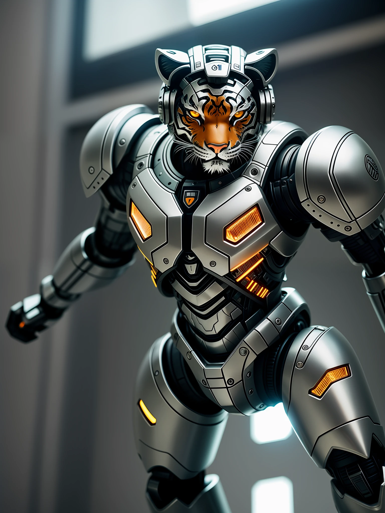 A cute little tiger in metal armor, (cyborg: 1.1), ([tail | detailed wire]:1.3), (intricate detail), hdr, (hyperdetailed: 1.2), cinematic shot, vignette, centered
