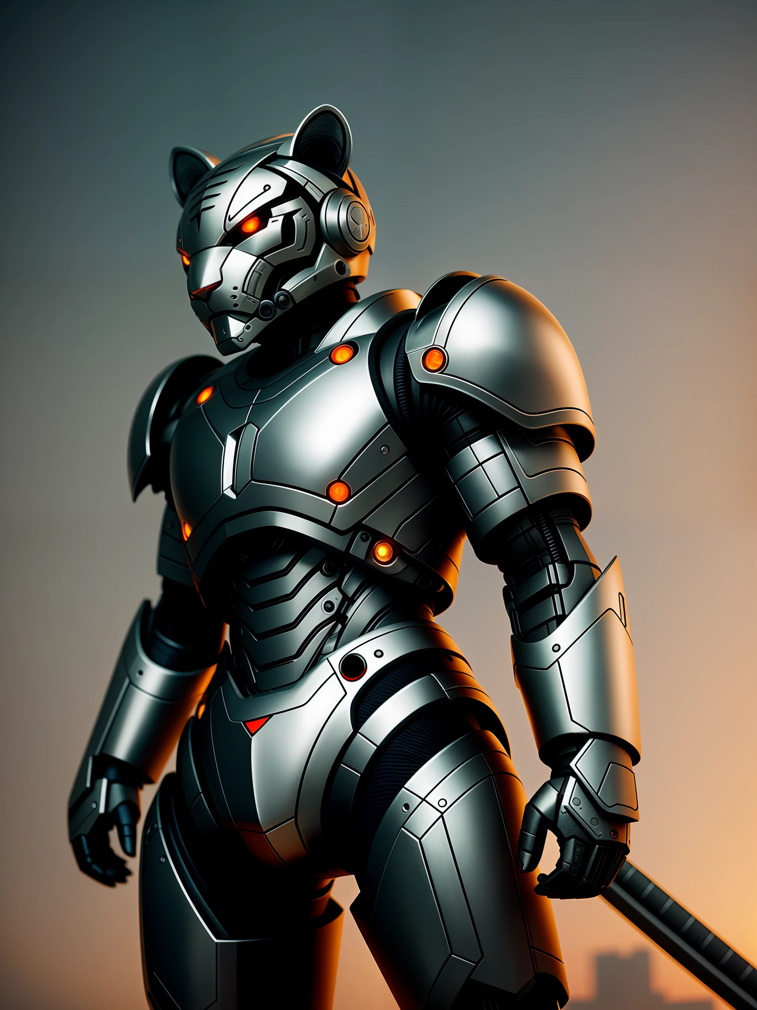 A cute little tiger in metal armor, (cyborg: 1.1), ([tail | detailed wire]:1.3), (intricate detail), hdr, (hyperdetailed: 1.2), cinematic shot, vignette, centered
