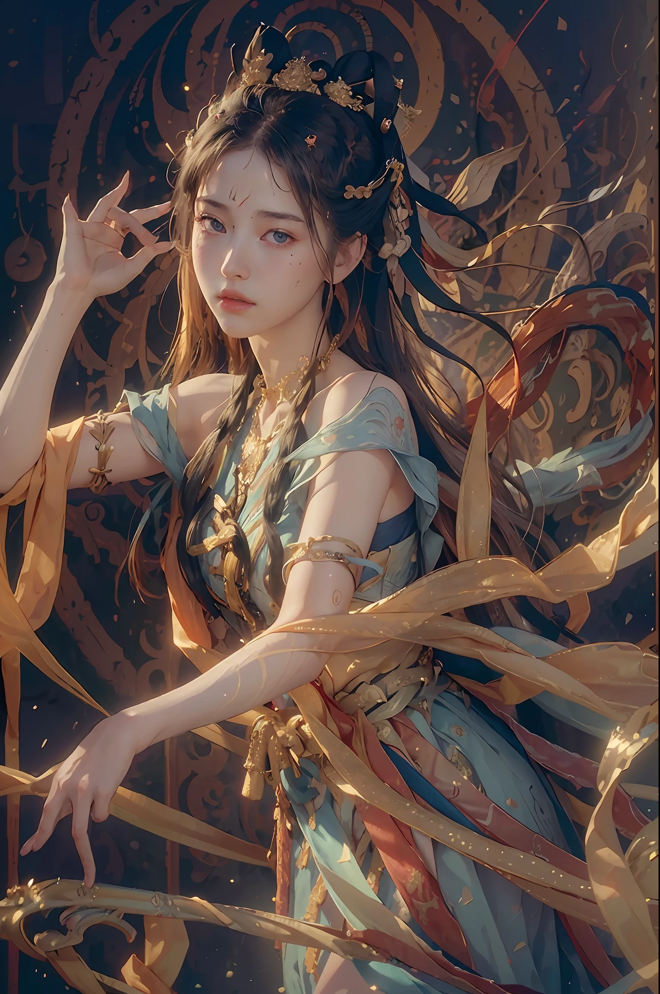 (RAW photo, best quality), (realistic, photo-realistic:1.3),best quality,highly detailed,masterpiece,ultra-detailed,illustration,1girl,upper_body,dynamic angle,world masterpiece theater,messy_long_hair,best quality,extremely detailed CG unity 8k wallpaper,ink,Amazing,cinematic lighting,lens_flare,,dunhuang_style