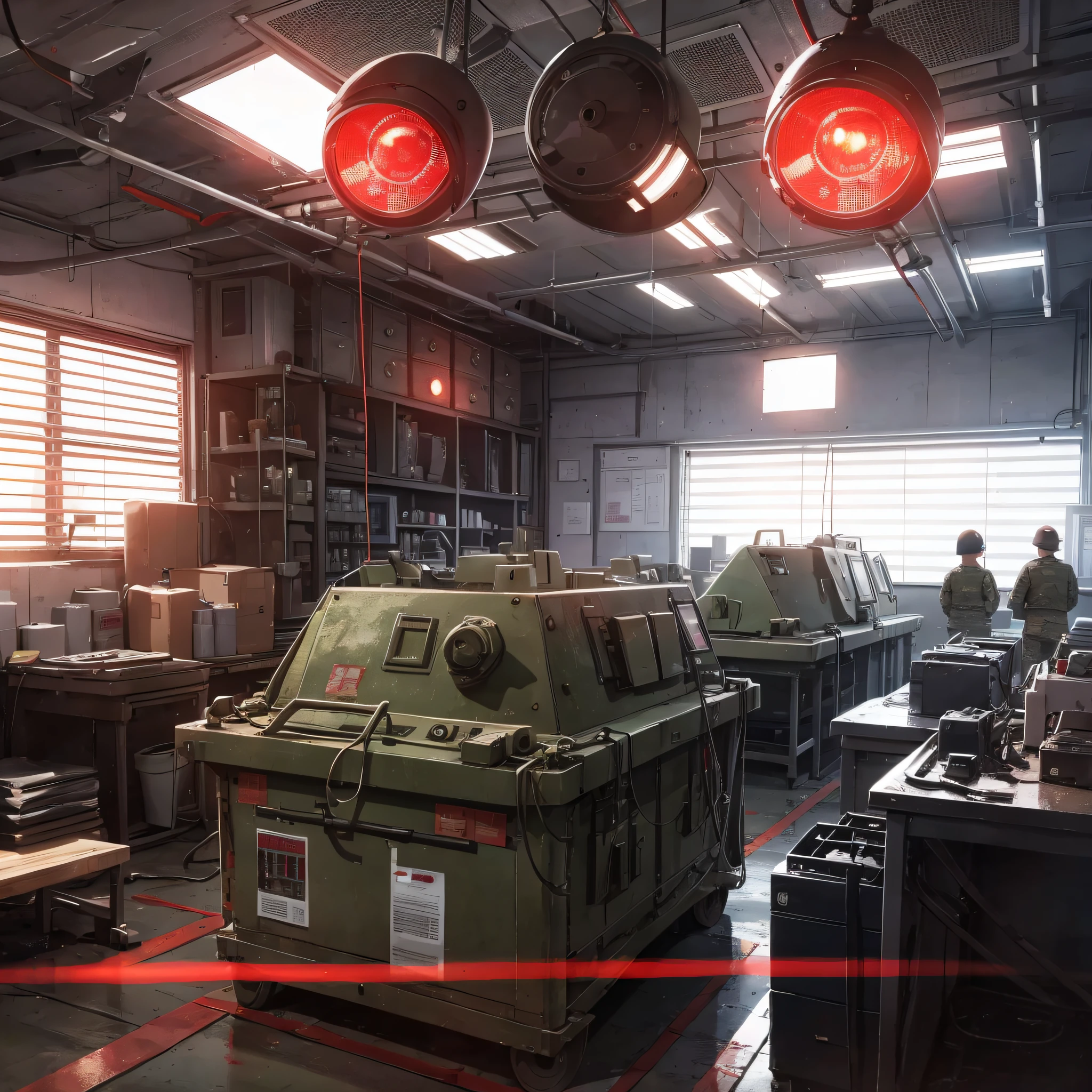 Inside a large military base, red light, screen, alarm