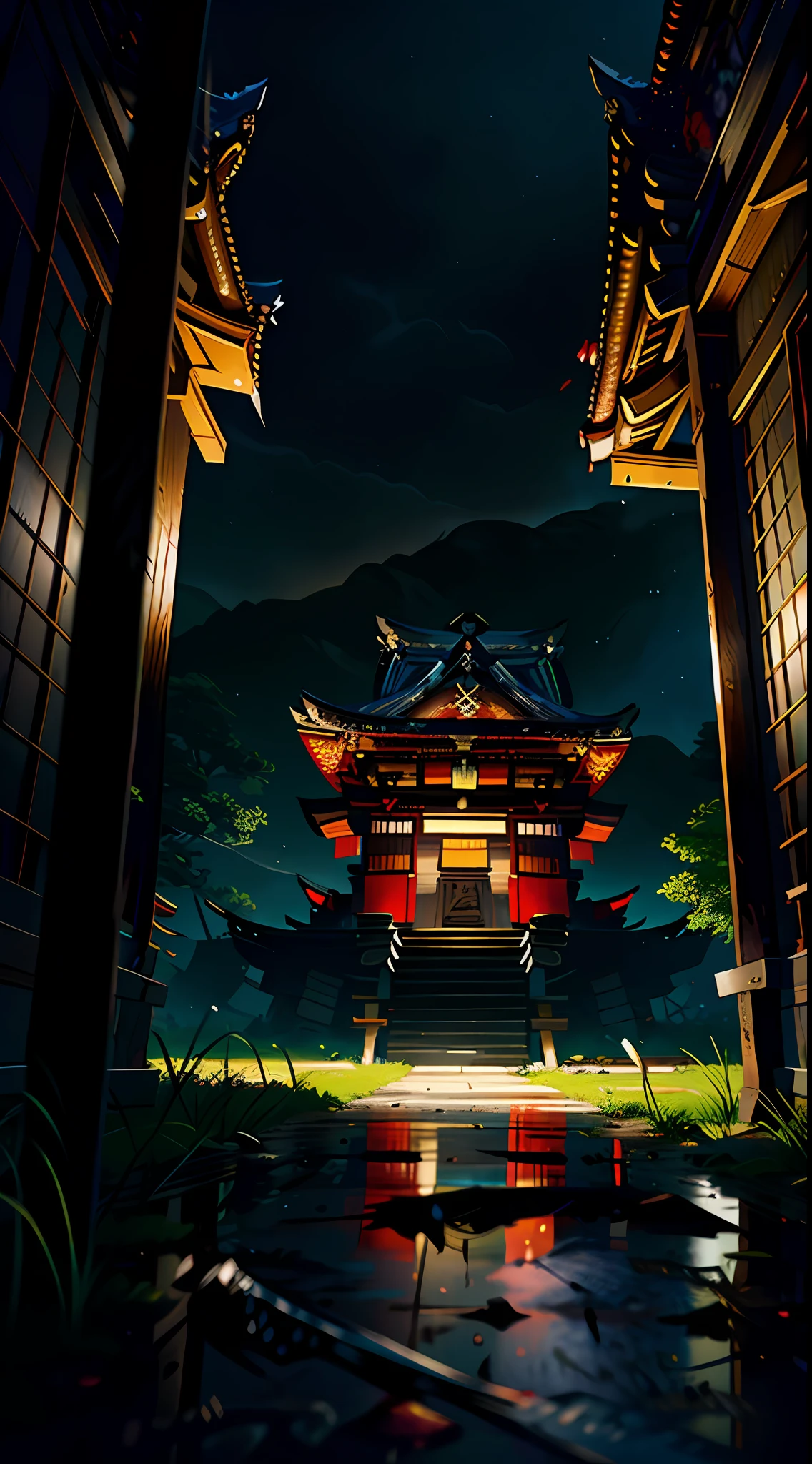 scenery, masterpiece, best quality, raw photo, absurdres, dusty, fullmoon, (dark shadow of samurai, blood stains:1.5), dutch angle, night, darkness, japanese temple, deserted house, perspective, depth of field, dynamic lighting, cinematic lighting, sharp focus, photorealistic, highres, film grain, chromatic aberration, (highest detailed, extreme detailed, ultra detailed, finely detail:1.2)