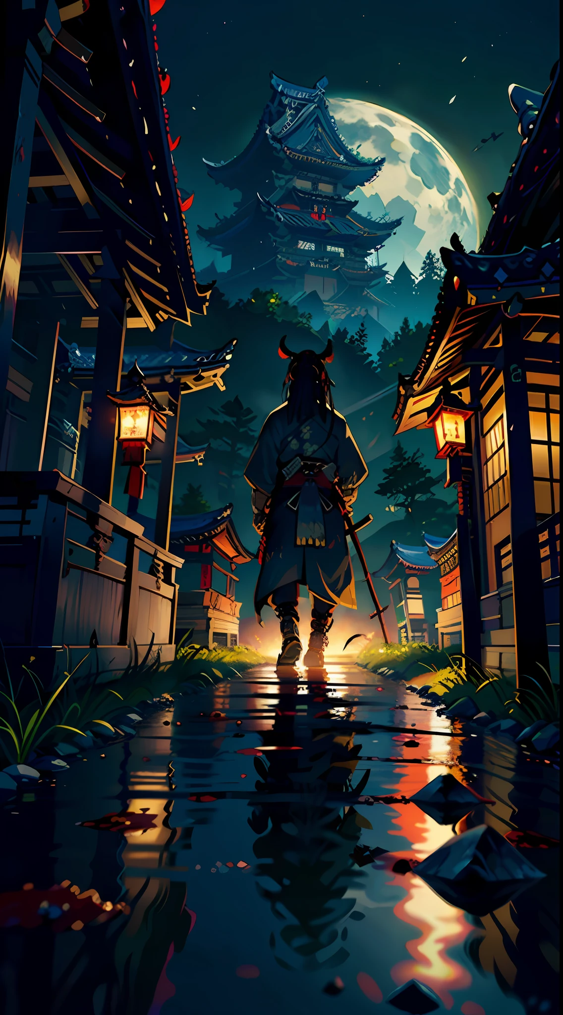 masterpiece, best quality, raw photo, absurdres, scenery, (dark shadow of samurai, blood stains:1.5), dutch angle, fullmoon, night, japanese temple, deserted house, bloody, darkness, perspective, depth of field, dynamic lighting, cinematic lighting, sharp focus, photorealistic, highres, film grain, chromatic aberration, (highest detailed, extreme detailed, ultra detailed, finely detail:1.2)