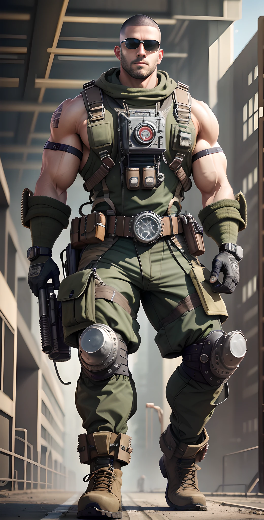Male in the Heath, tall and burly, camouflage tights, big muscles, big bulge, Buzz cut, black sunglasses, brown camouflage military boots, buzz cut, steampunk style, steampunk art, complex mechanical devices such as gears, pipes, valves, (huge industrial building: 1.4), gray theme, retro futurism, crazy details, (Fujiflim XT3), 20 megapixels, detailed, cinematic particles,